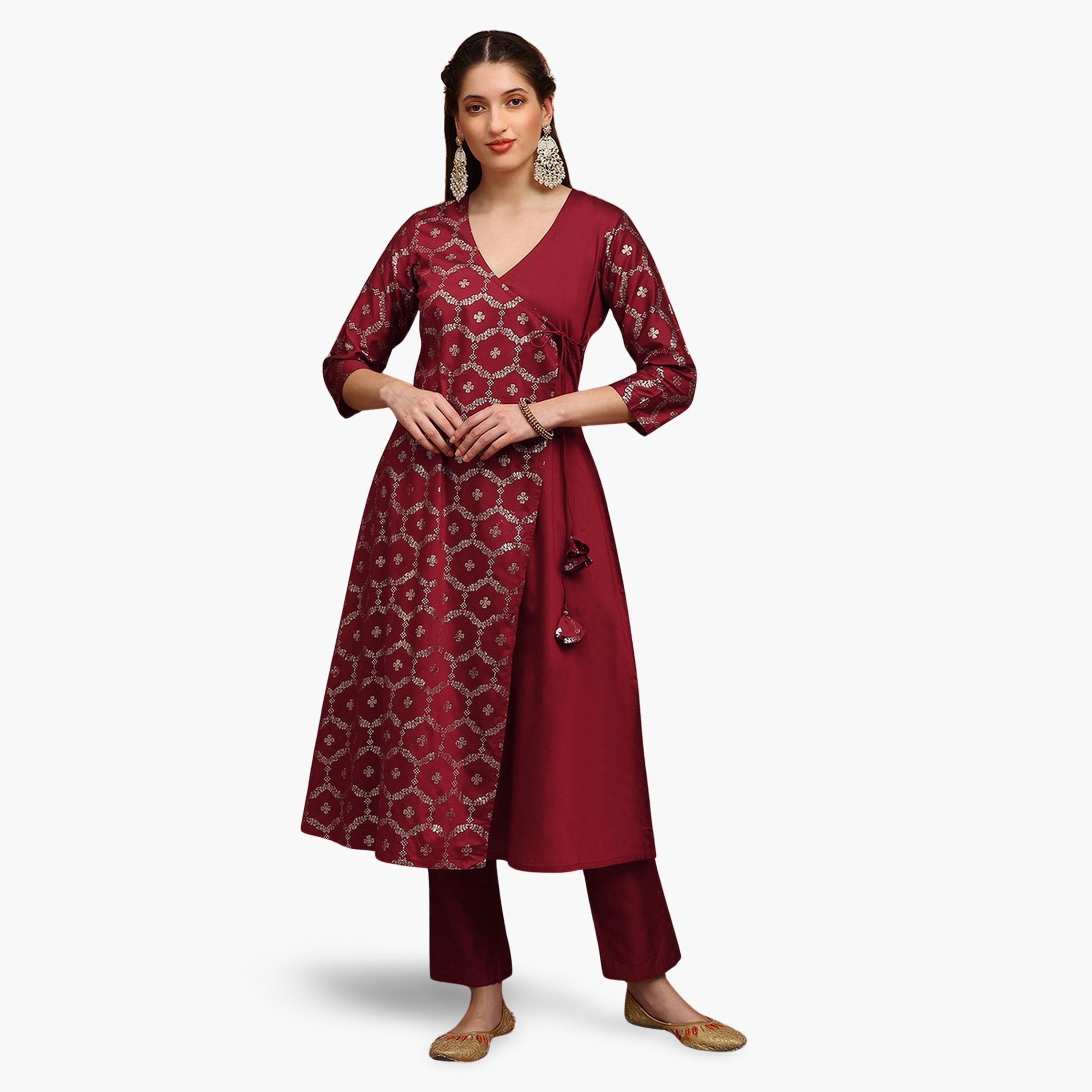 طقم كورتا وبنطال بطبعة أزهار فويل-women-clothing-ethnicwear-kurtasets-image-1