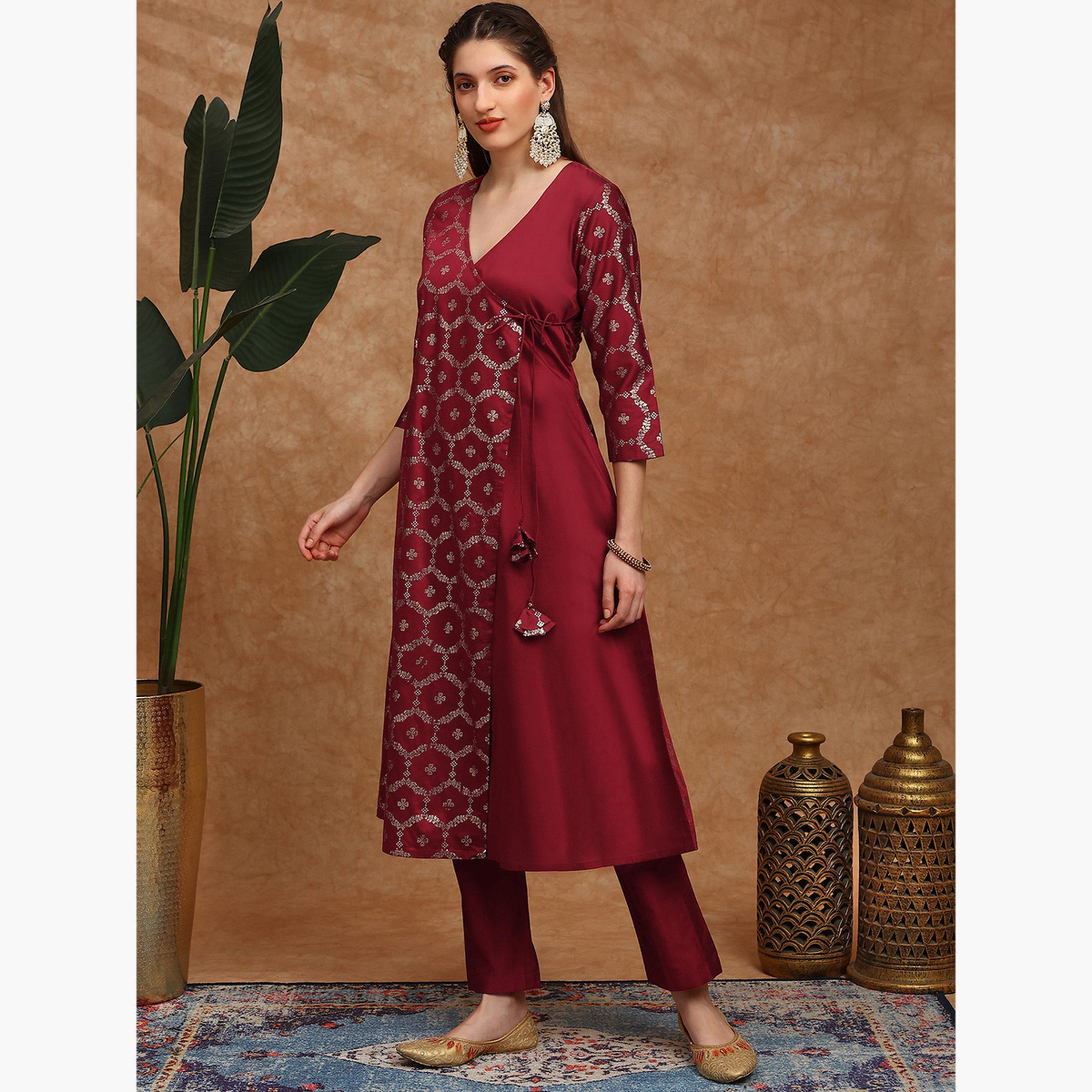 طقم كورتا وبنطال بطبعة أزهار فويل-women-clothing-ethnicwear-kurtasets-image-2
