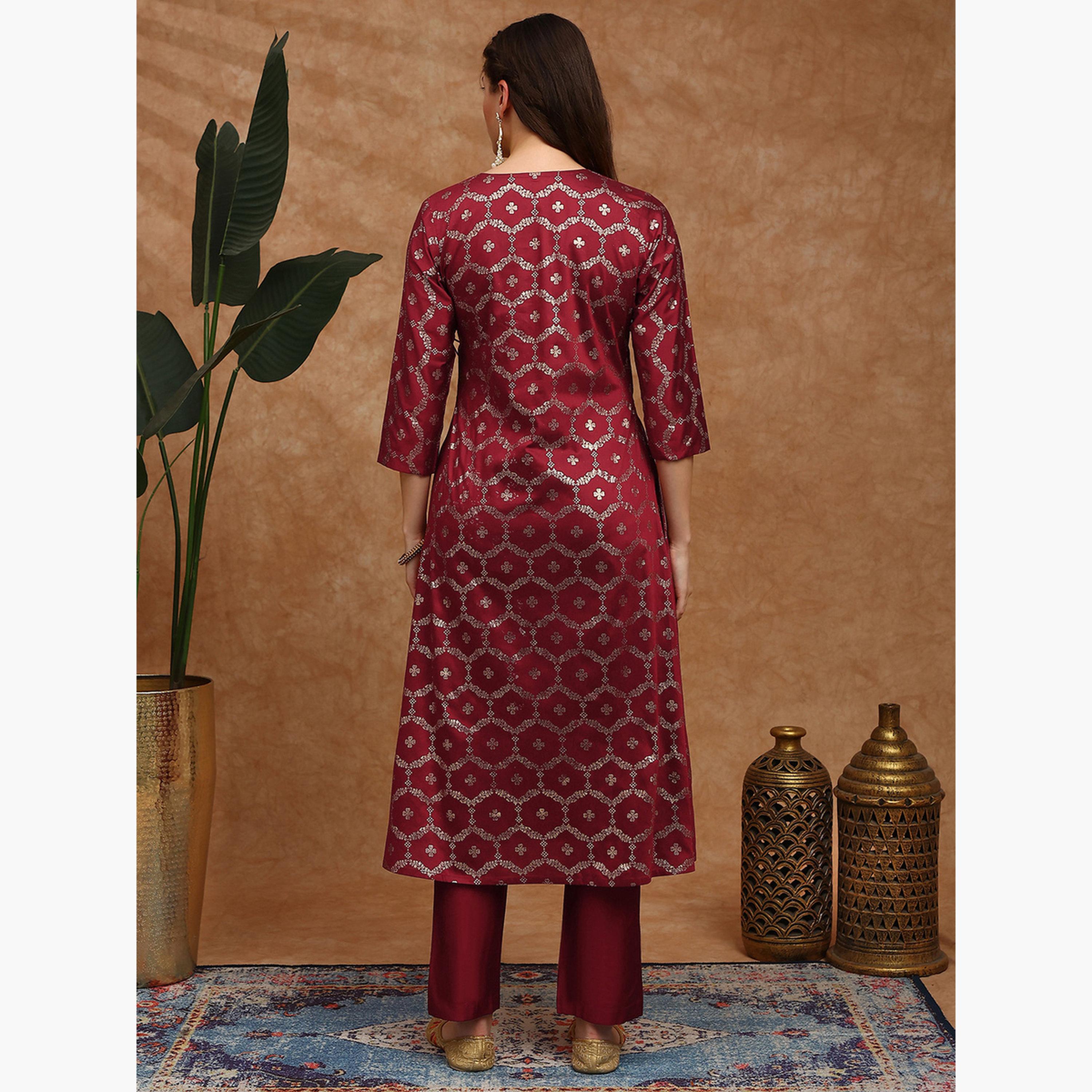 طقم كورتا وبنطال بطبعة أزهار فويل-women-clothing-ethnicwear-kurtasets-image-3