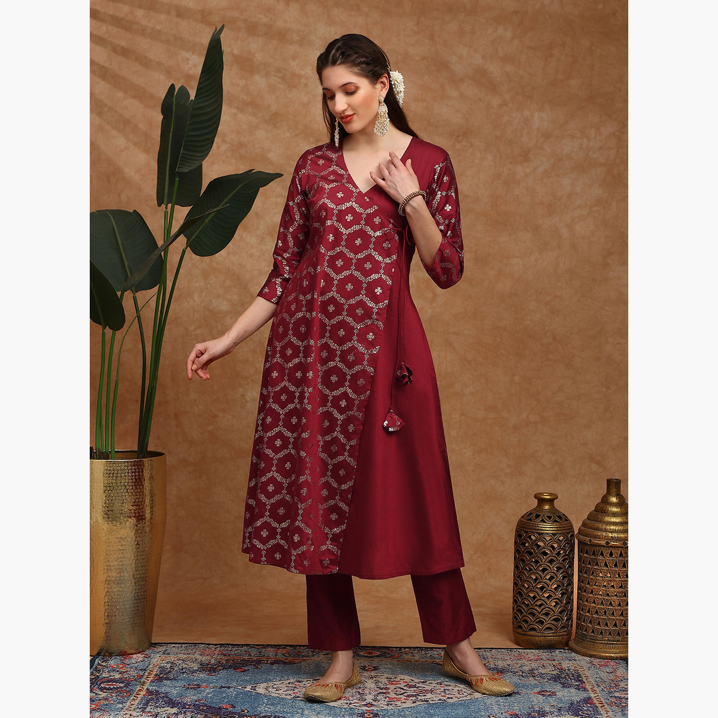 طقم كورتا وبنطال بطبعة أزهار فويل-women-clothing-ethnicwear-kurtasets-image-4