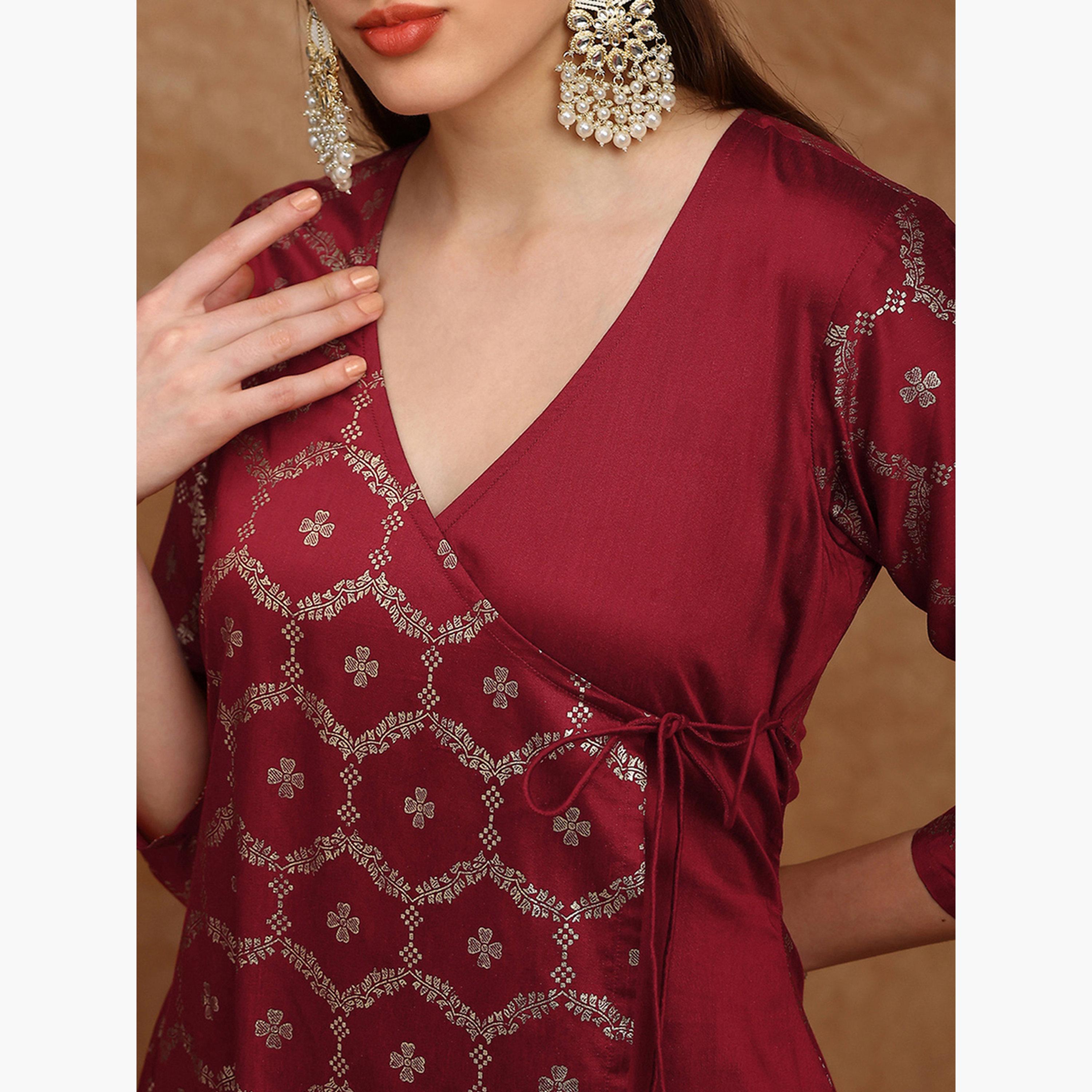 طقم كورتا وبنطال بطبعة أزهار فويل-women-clothing-ethnicwear-kurtasets-image-6