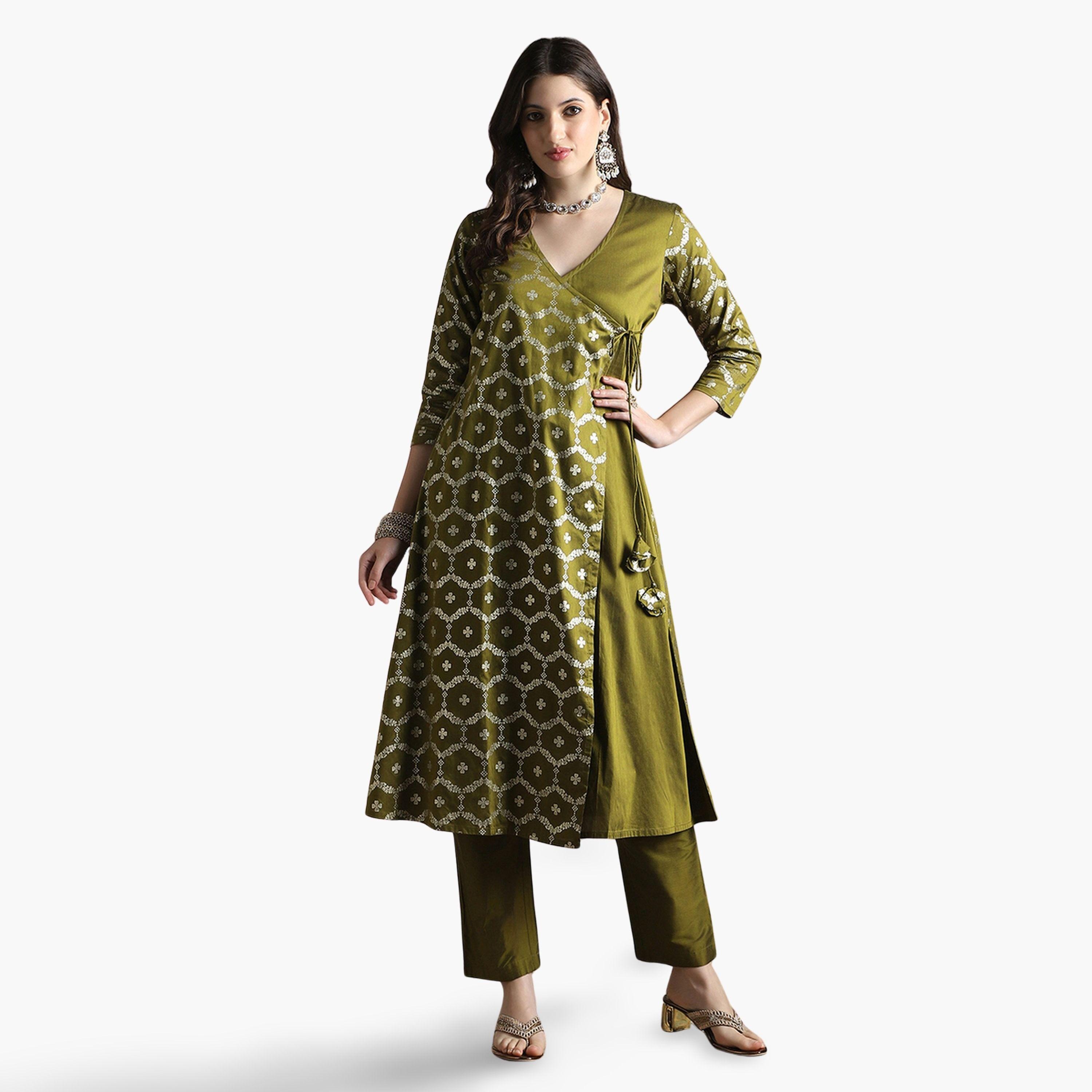 طقم كورتا بطبعة فويل مع بنطال للنساء-women-clothing-ethnicwear-kurtasets-image-1