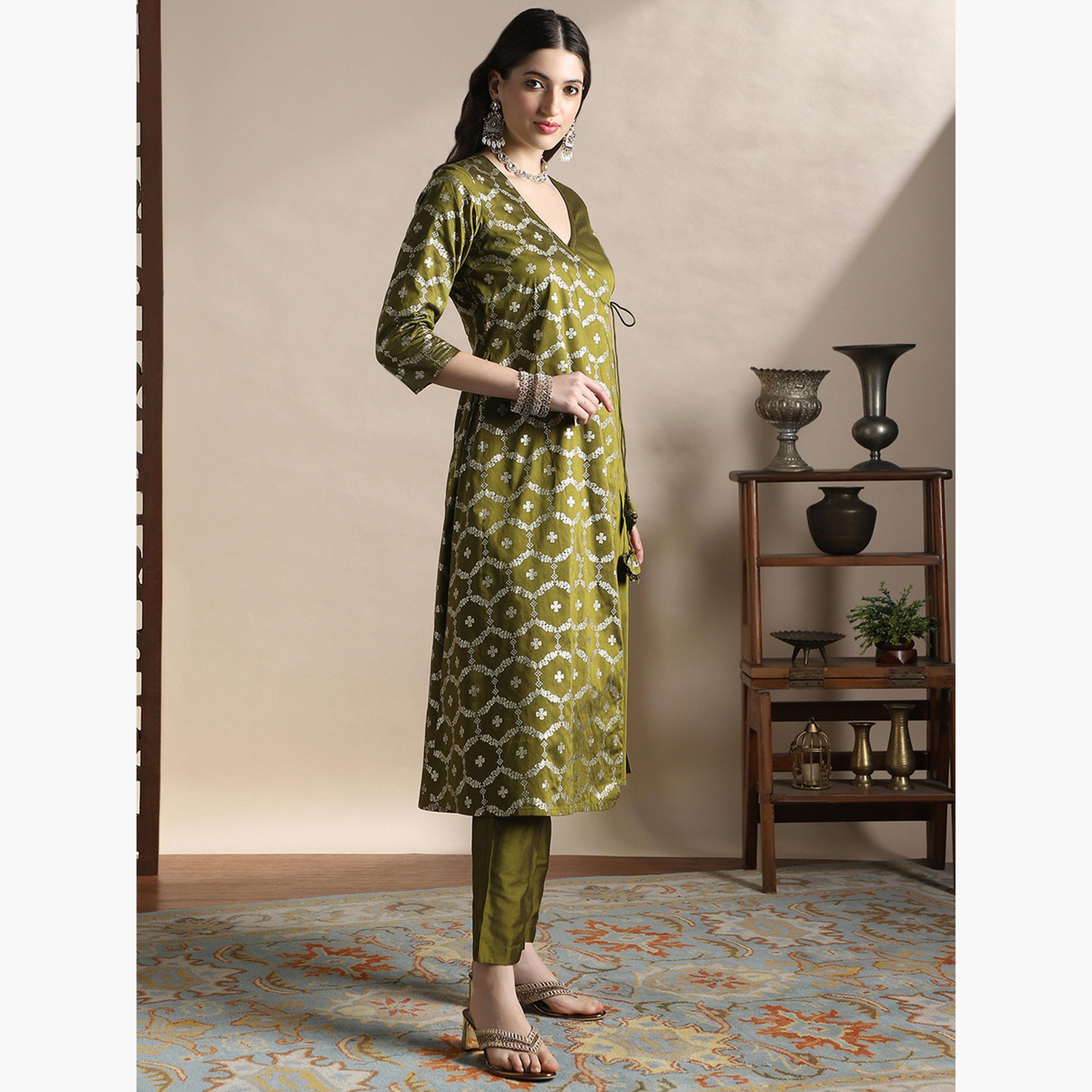 طقم كورتا بطبعة فويل مع بنطال للنساء-women-clothing-ethnicwear-kurtasets-image-2