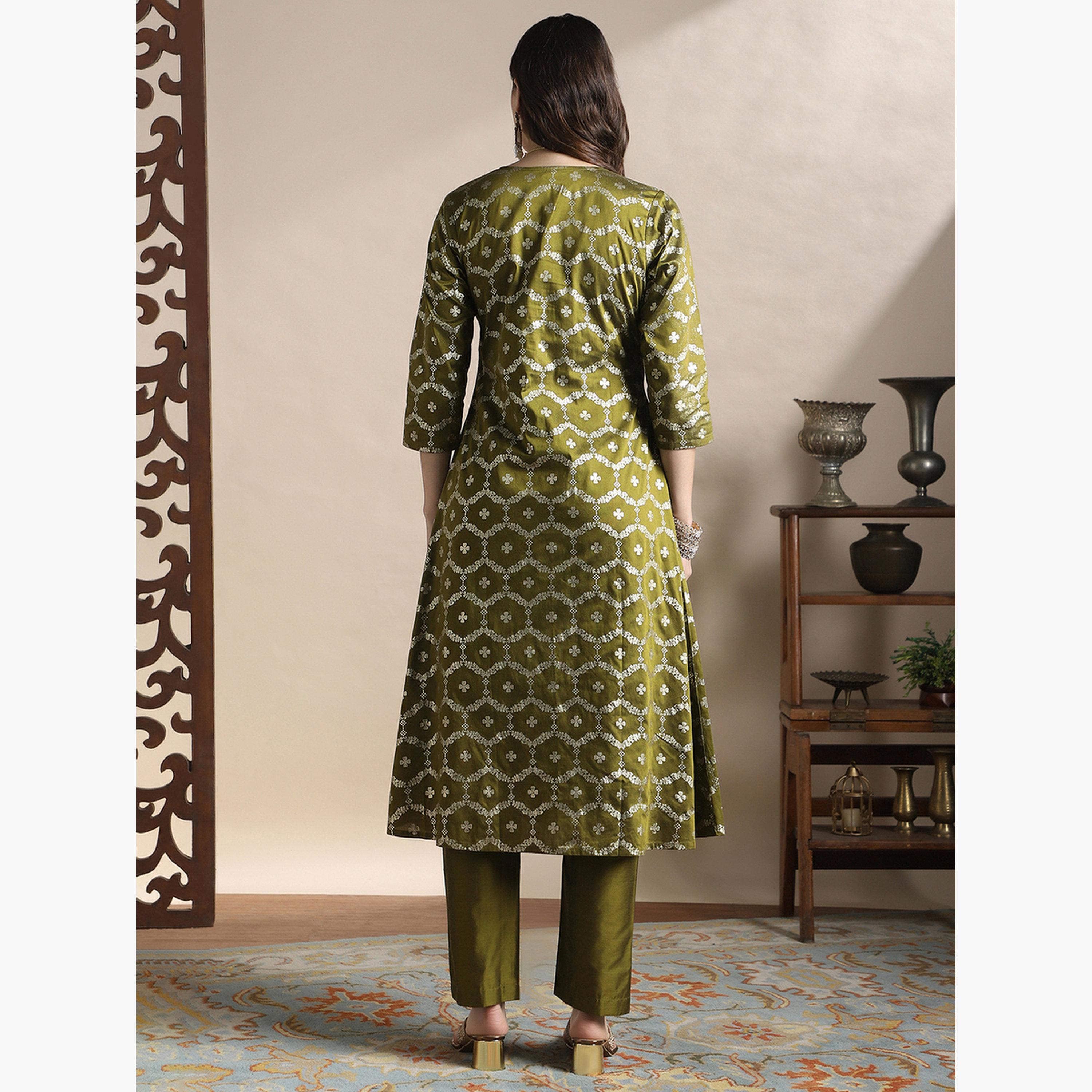 طقم كورتا بطبعة فويل مع بنطال للنساء-women-clothing-ethnicwear-kurtasets-image-3