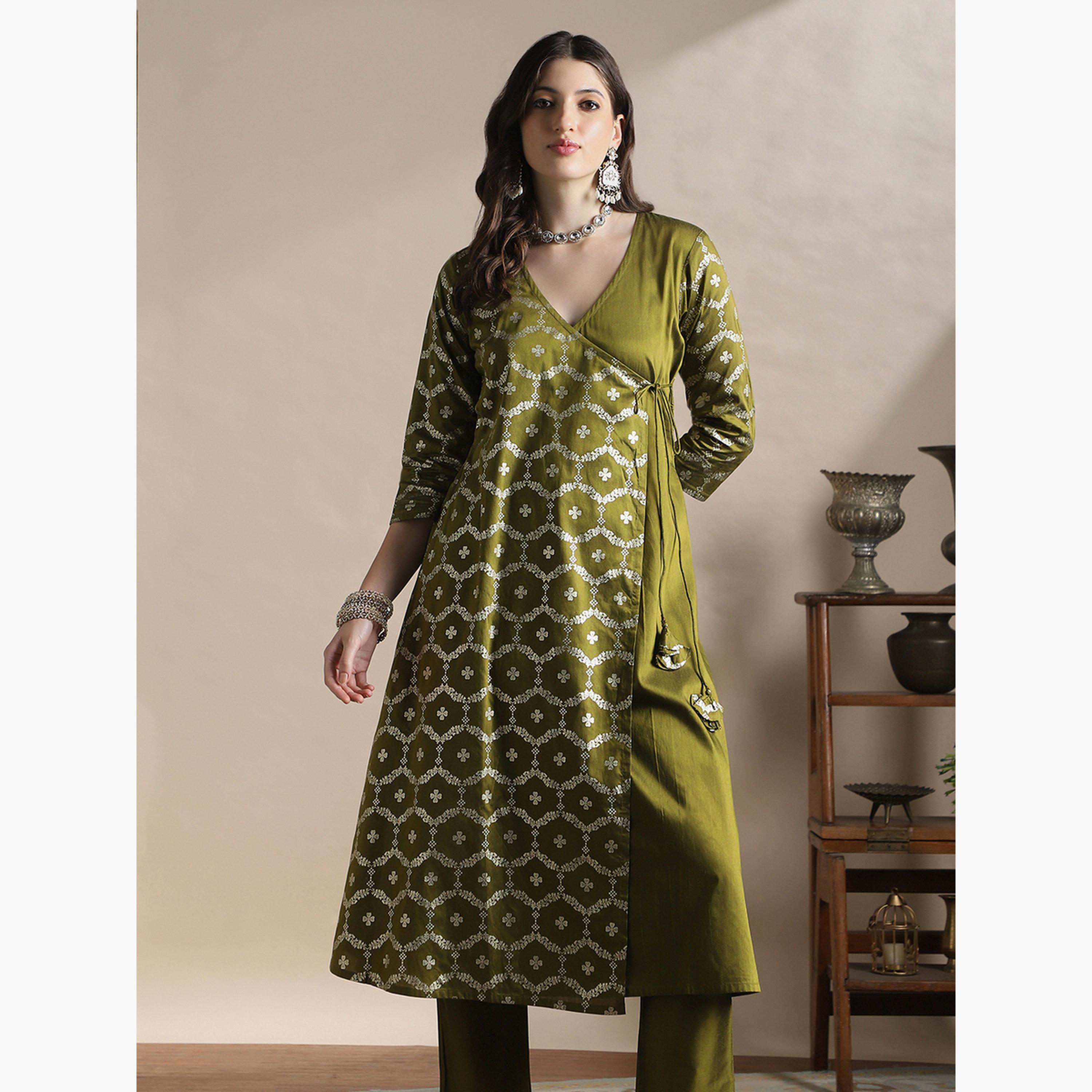 طقم كورتا بطبعة فويل مع بنطال للنساء-women-clothing-ethnicwear-kurtasets-image-4