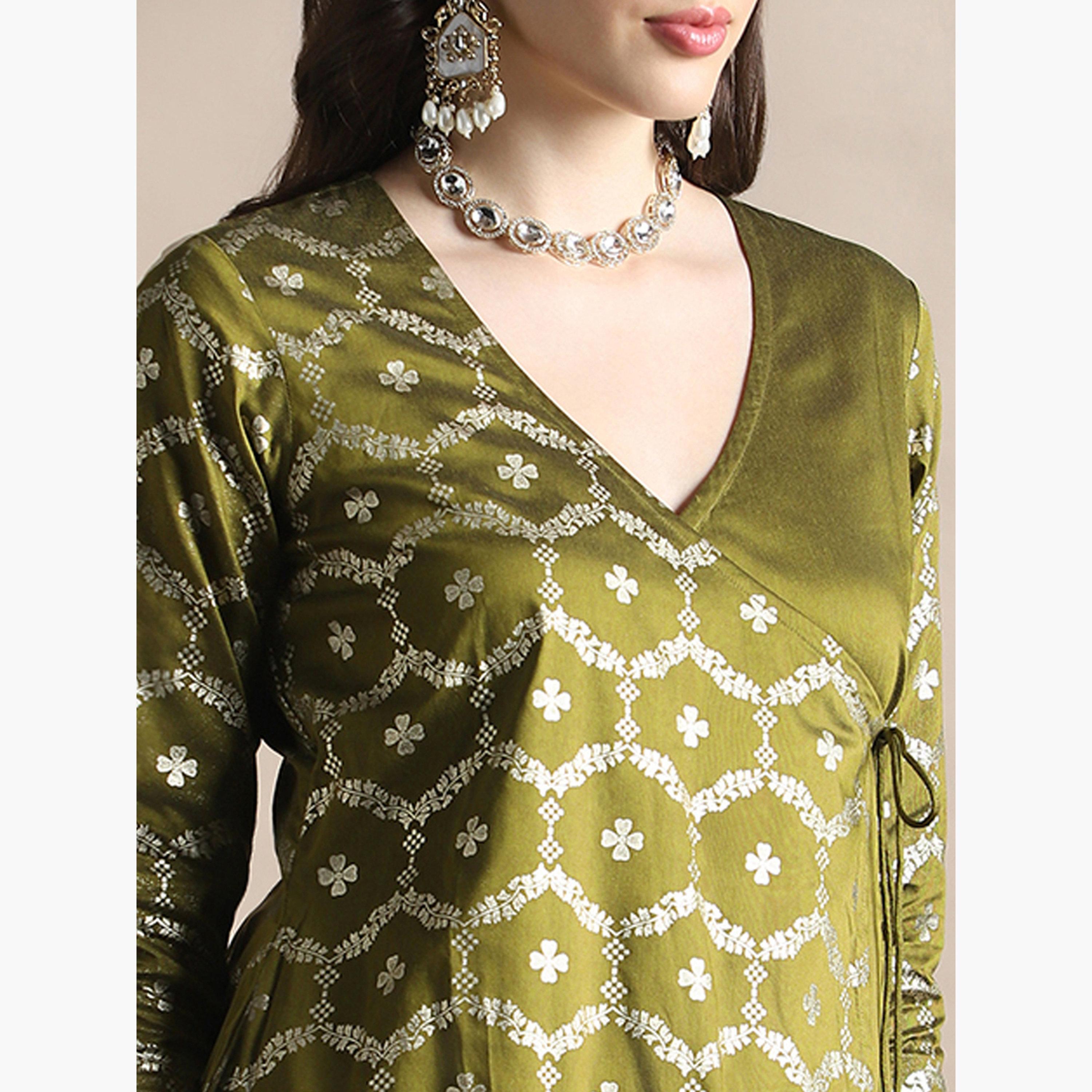 طقم كورتا بطبعة فويل مع بنطال للنساء-women-clothing-ethnicwear-kurtasets-image-6