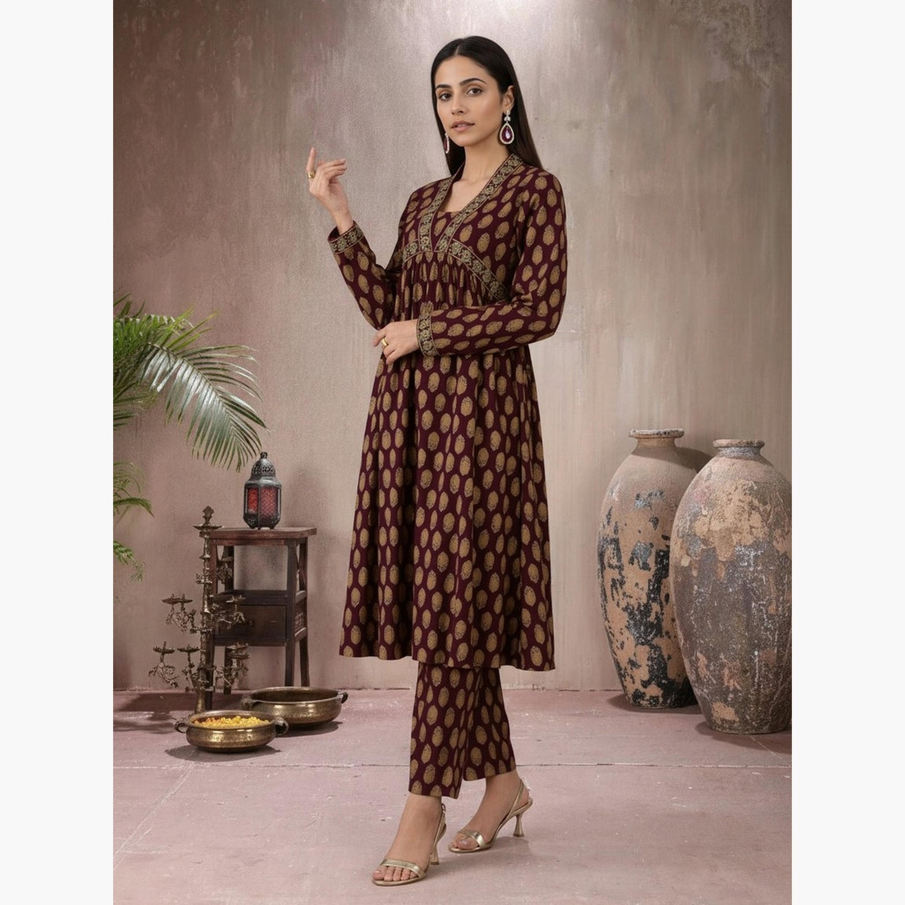 Globus X Styli Women Wine Embroidered Kurta with Pants Set-women-clothing-ethnicwear-kurtasets-image-2
