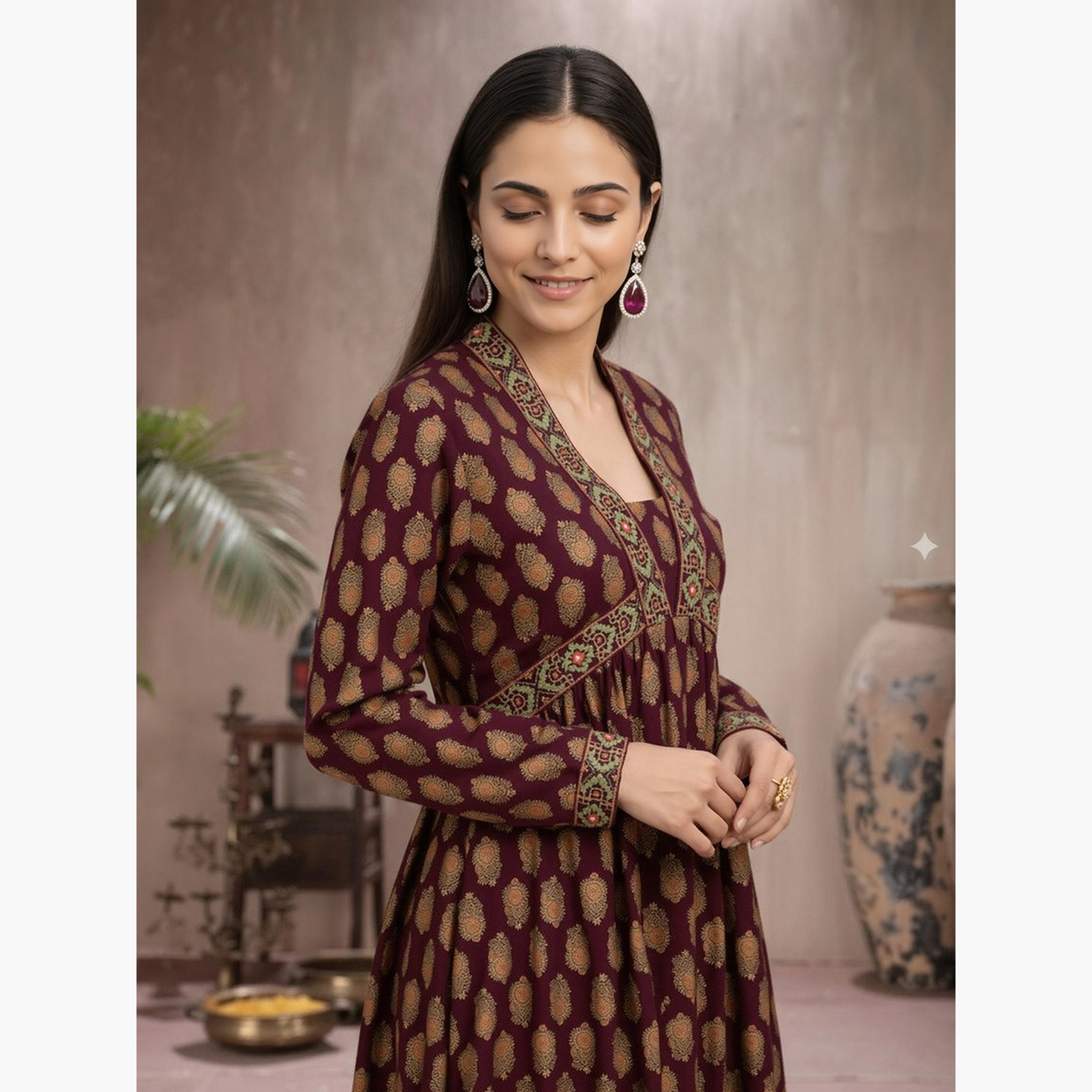 Globus X Styli Women Wine Embroidered Kurta with Pants Set-women-clothing-ethnicwear-kurtasets-image-4