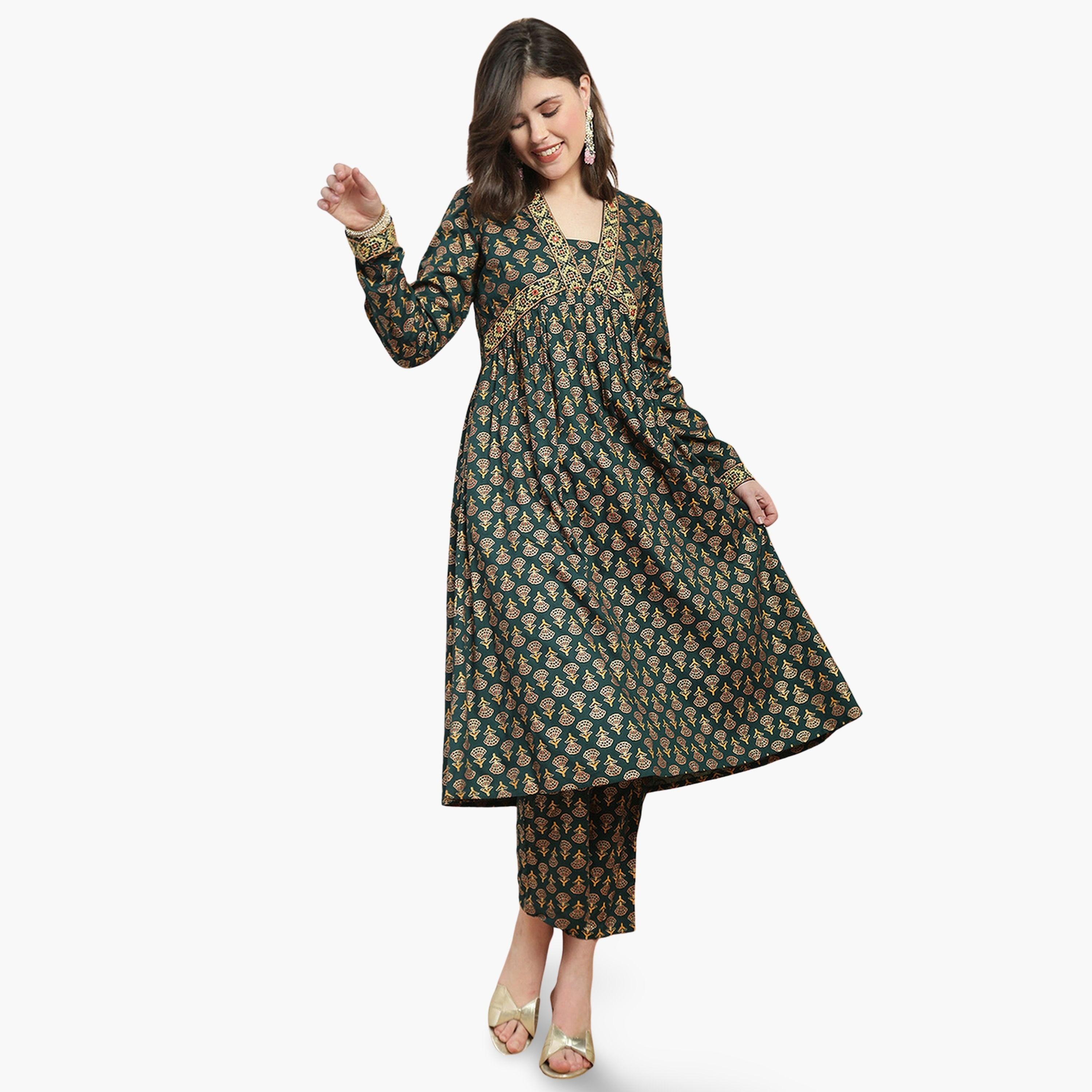 طقم كورتا بطبعة أزهار ودانتيل مع بنطال مستقيم للنساء-women-clothing-ethnicwear-kurtasets-image-1