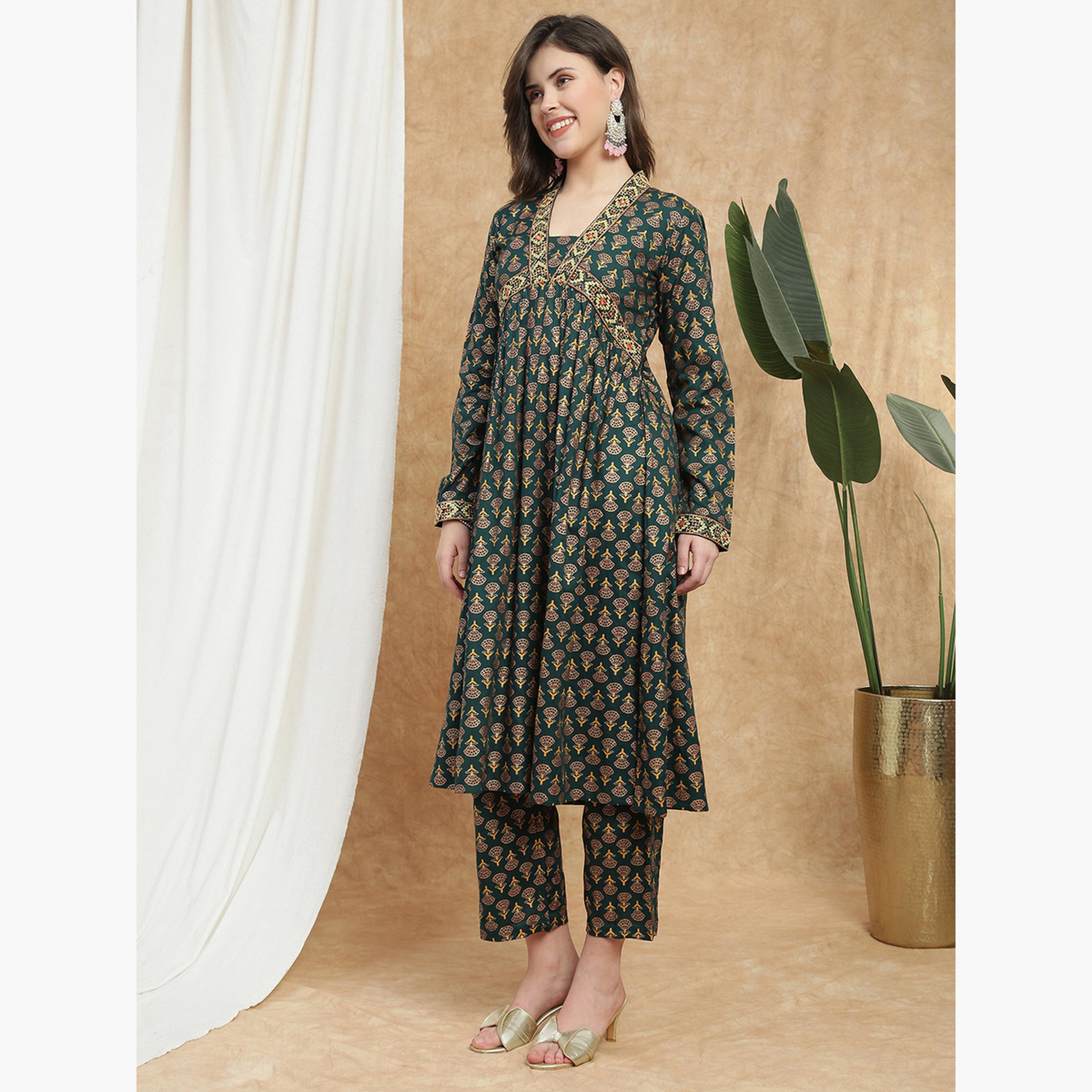 طقم كورتا بطبعة أزهار ودانتيل مع بنطال مستقيم للنساء-women-clothing-ethnicwear-kurtasets-image-2