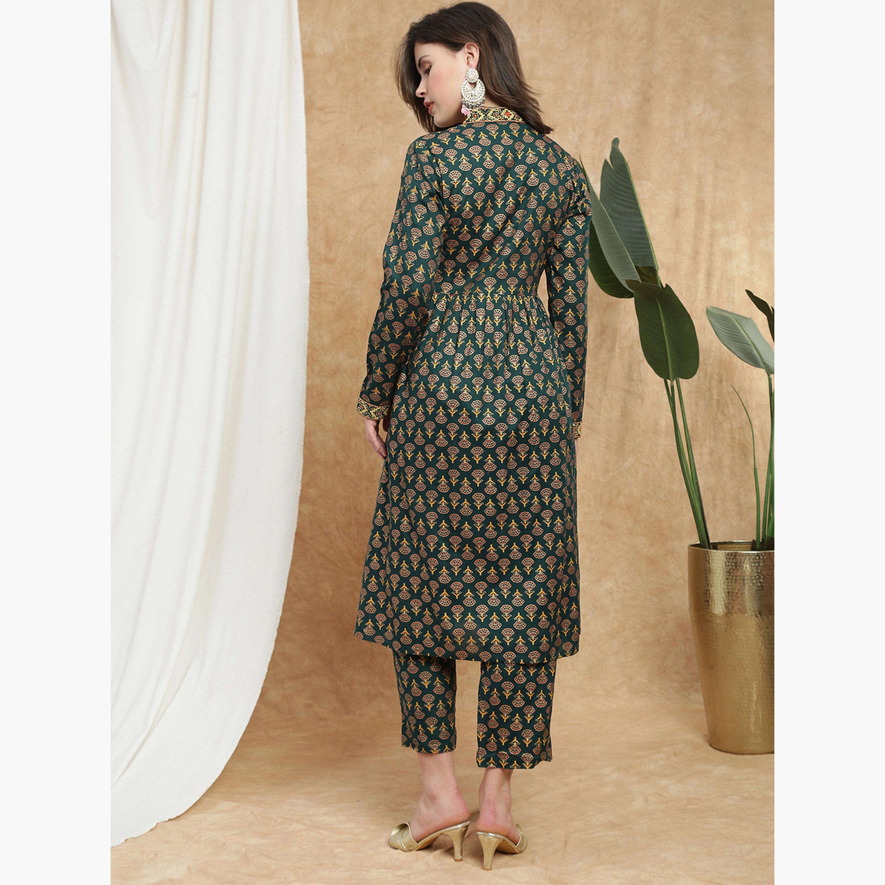 طقم كورتا بطبعة أزهار ودانتيل مع بنطال مستقيم للنساء-women-clothing-ethnicwear-kurtasets-image-3