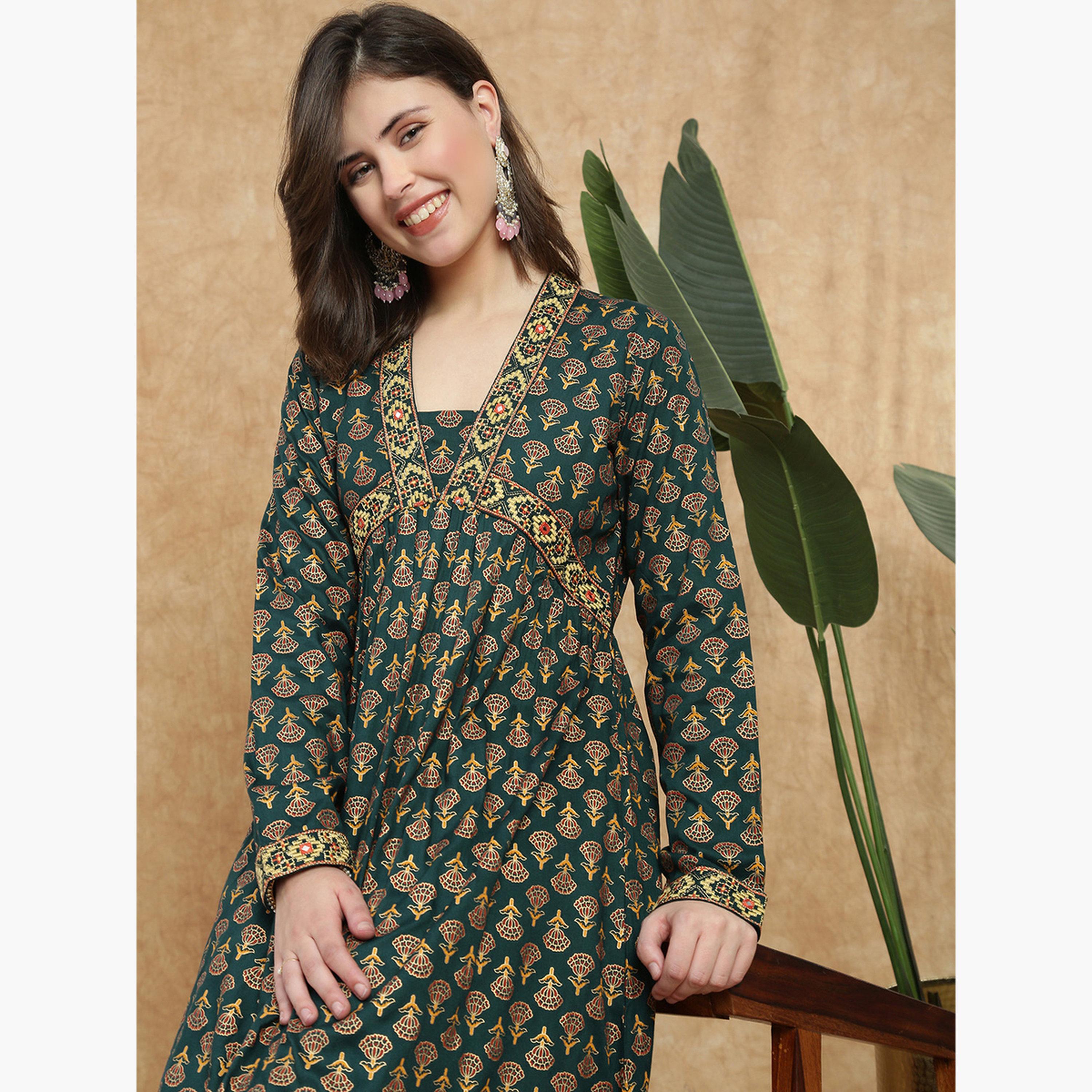 طقم كورتا بطبعة أزهار ودانتيل مع بنطال مستقيم للنساء-women-clothing-ethnicwear-kurtasets-image-4