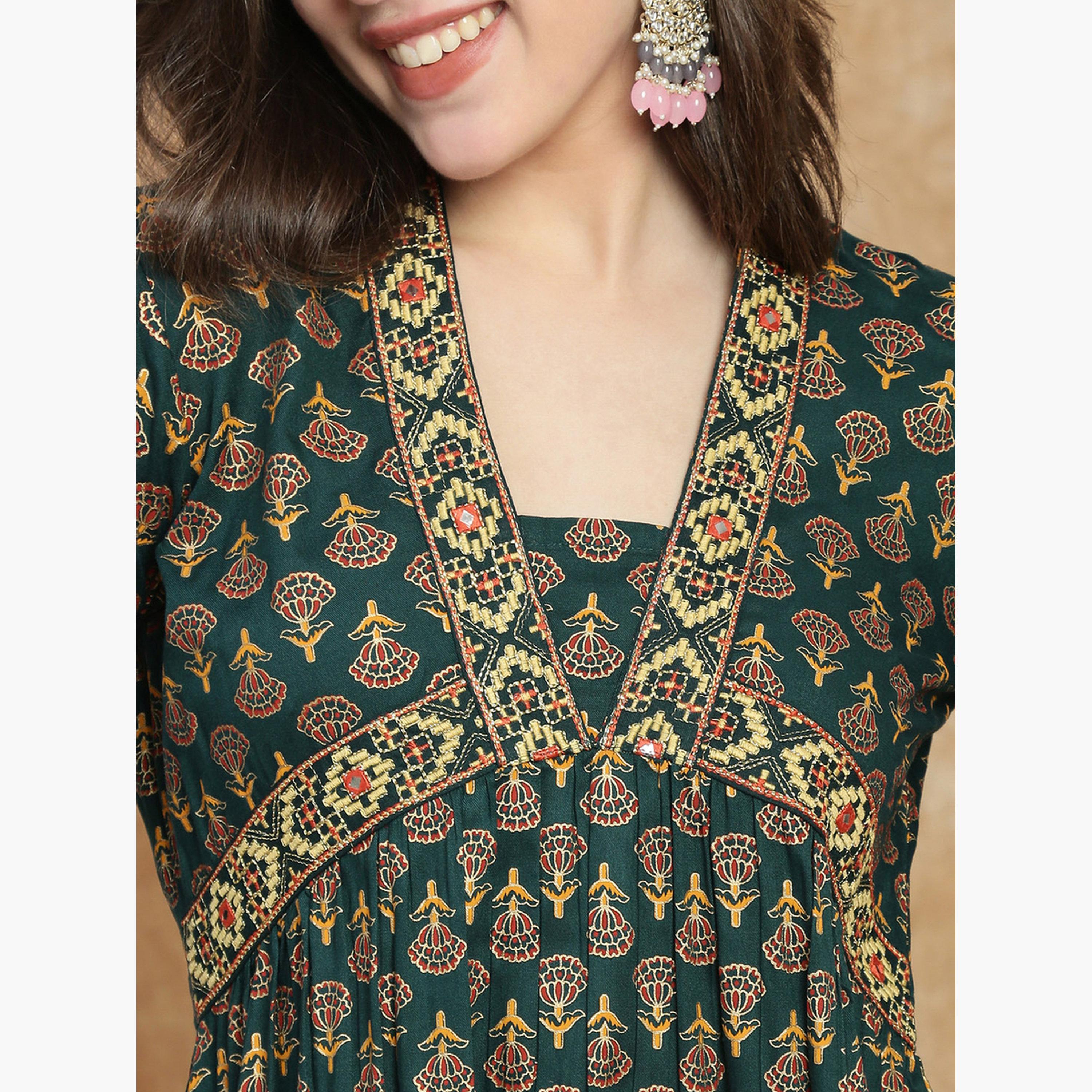 طقم كورتا بطبعة أزهار ودانتيل مع بنطال مستقيم للنساء-women-clothing-ethnicwear-kurtasets-image-6