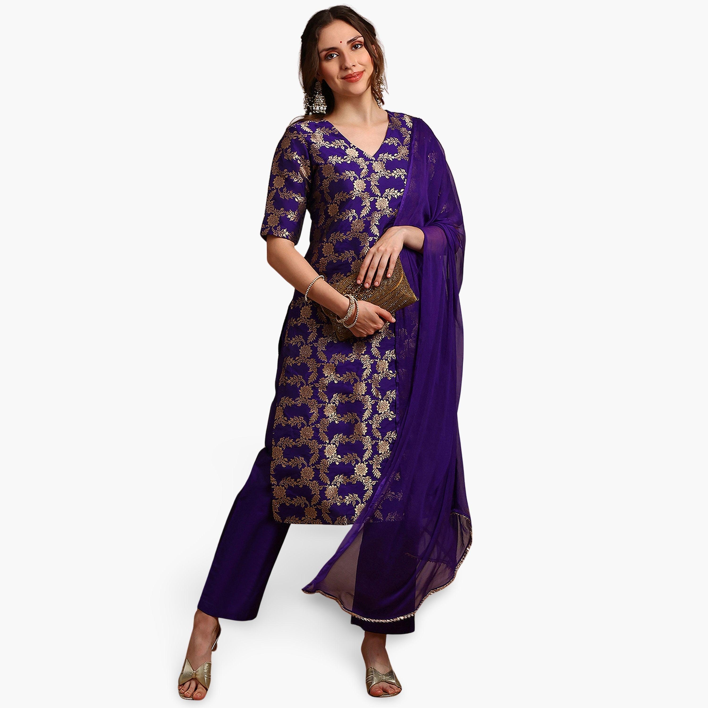 Globus X Styli Women Purple Floral Woven Straight Kurta with Pants and Taping Dupatta Set-women-clothing-ethnicwear-kurtasets-image-1