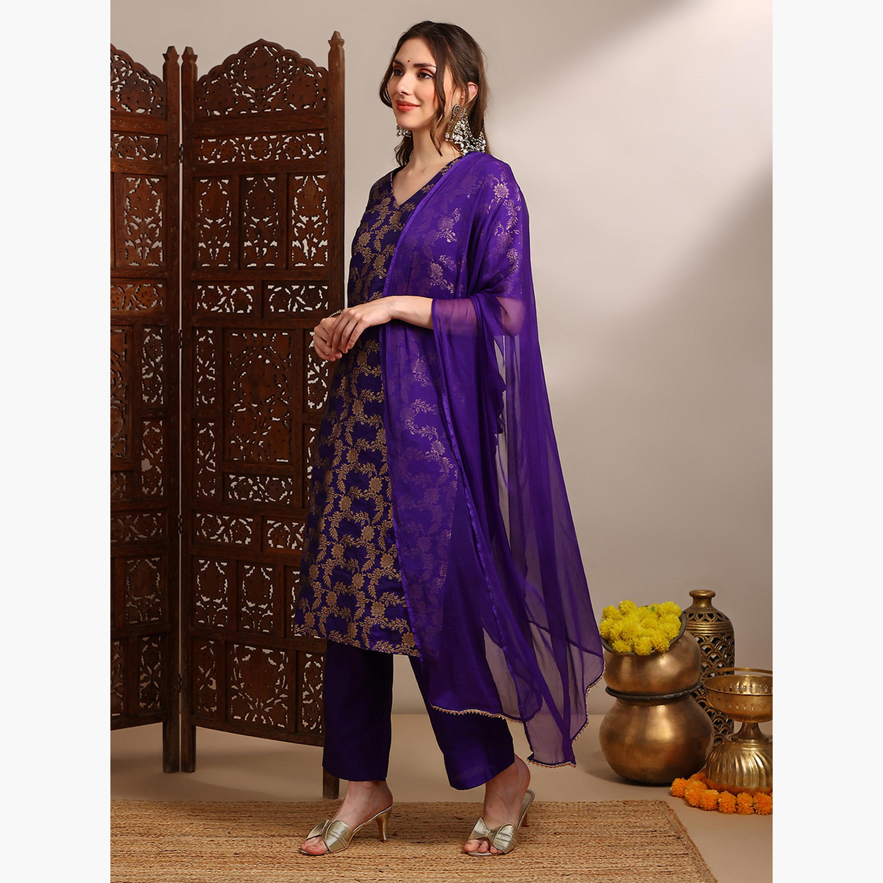 طقم كورتا منسوجة مع بنطال ودوباتا للنساء-women-clothing-ethnicwear-kurtasets-image-2