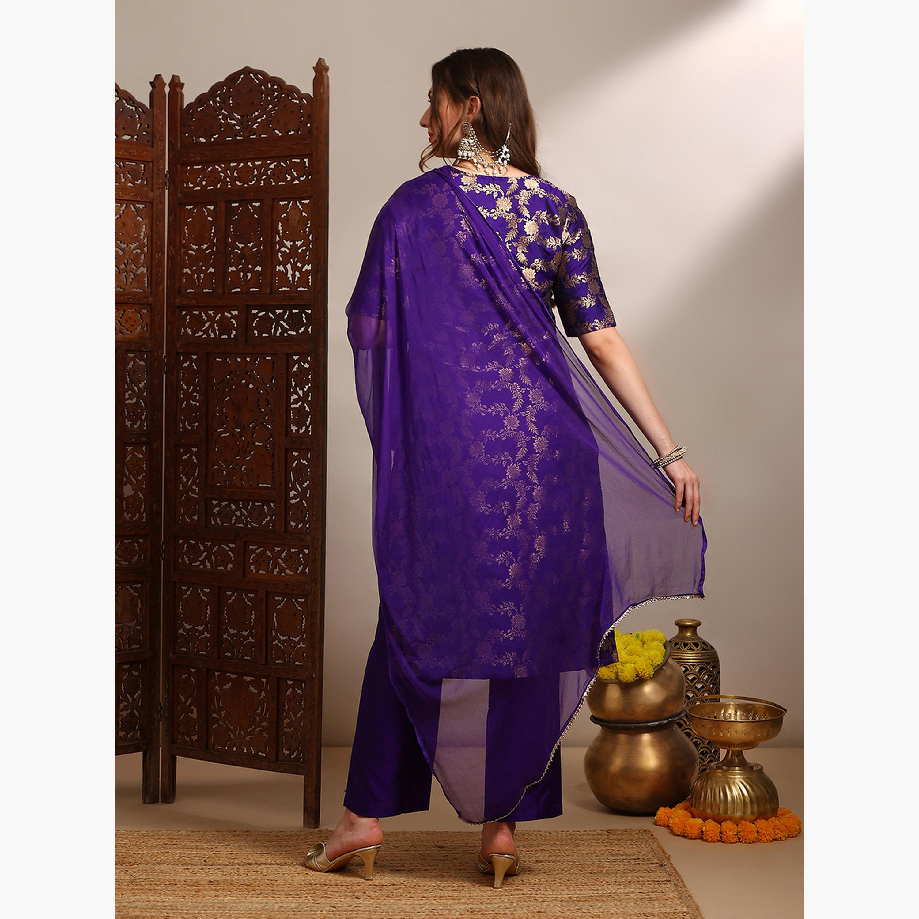 Globus X Styli Women Purple Floral Woven Straight Kurta with Pants and Taping Dupatta Set-women-clothing-ethnicwear-kurtasets-image-3