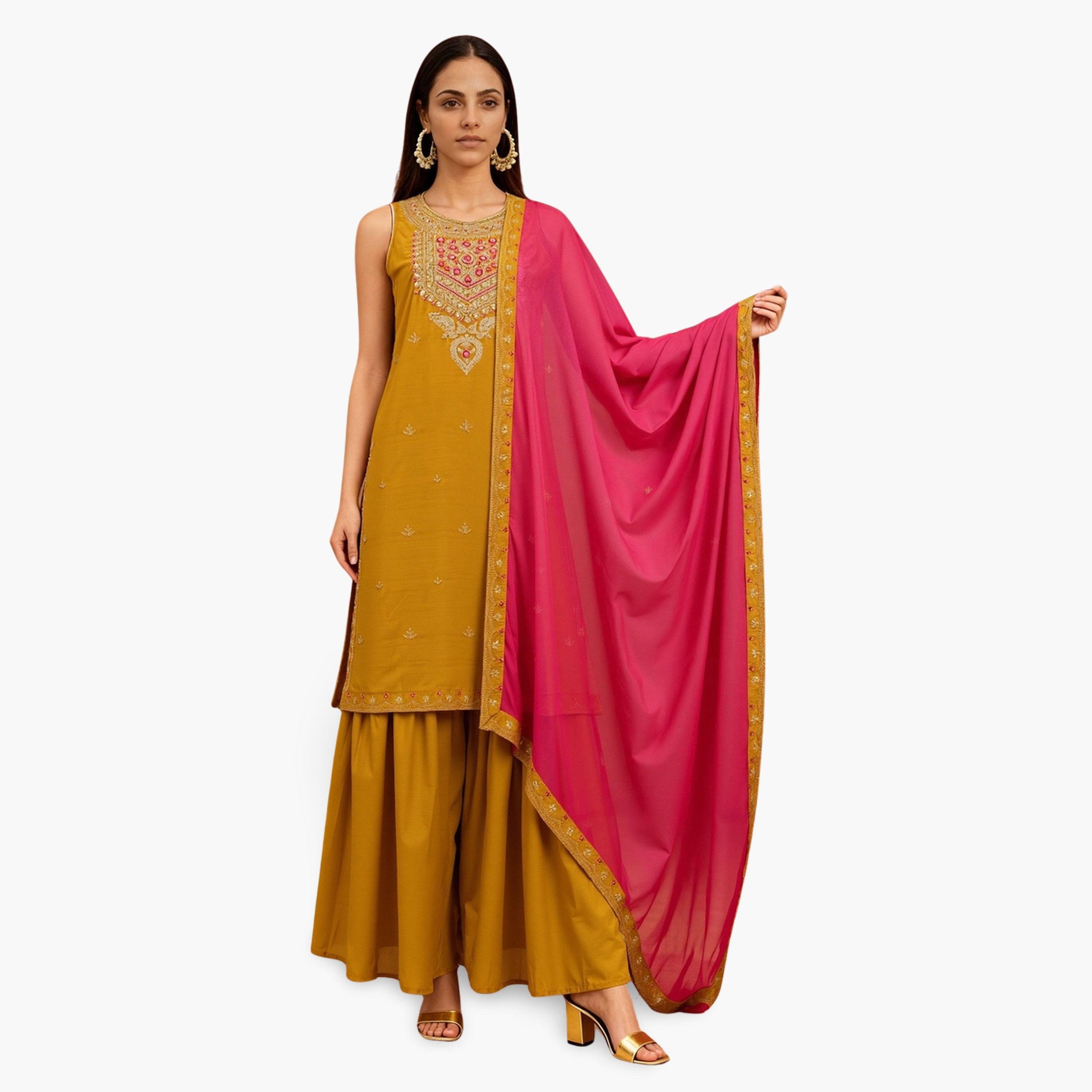 طقم كورتا مطرزة بزخارف زاري وأزهار مع شرار ودوباتا-women-clothing-ethnicwear-kurtasets-image-1