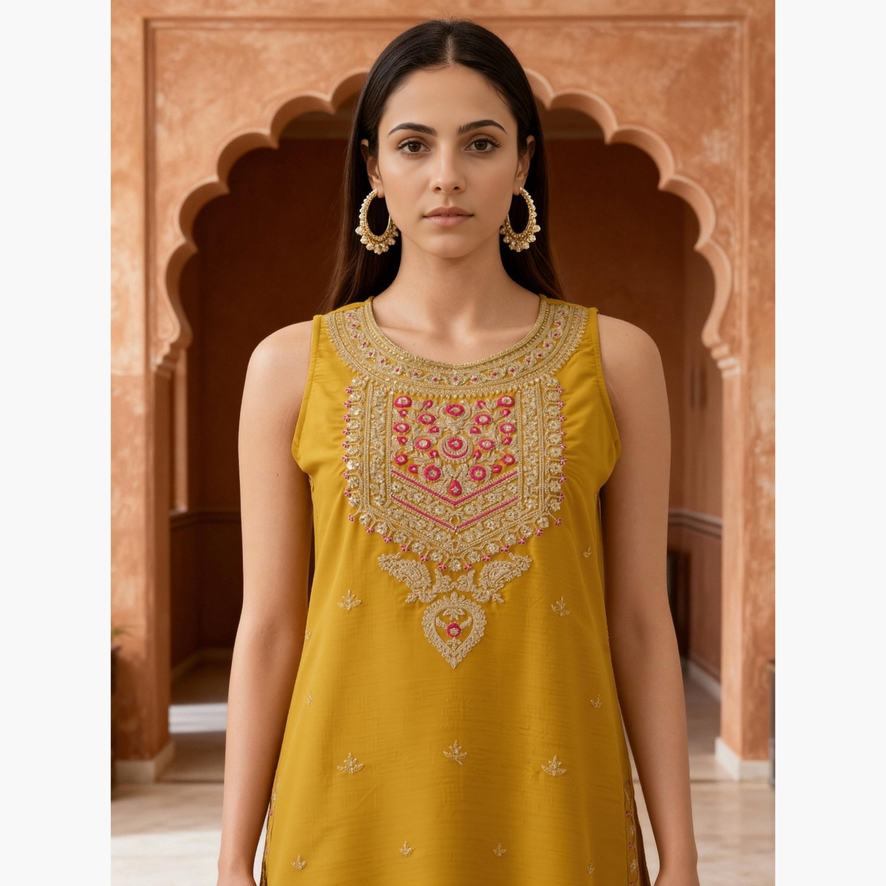 طقم كورتا مطرزة بزخارف زاري وأزهار مع شرار ودوباتا-women-clothing-ethnicwear-kurtasets-image-4