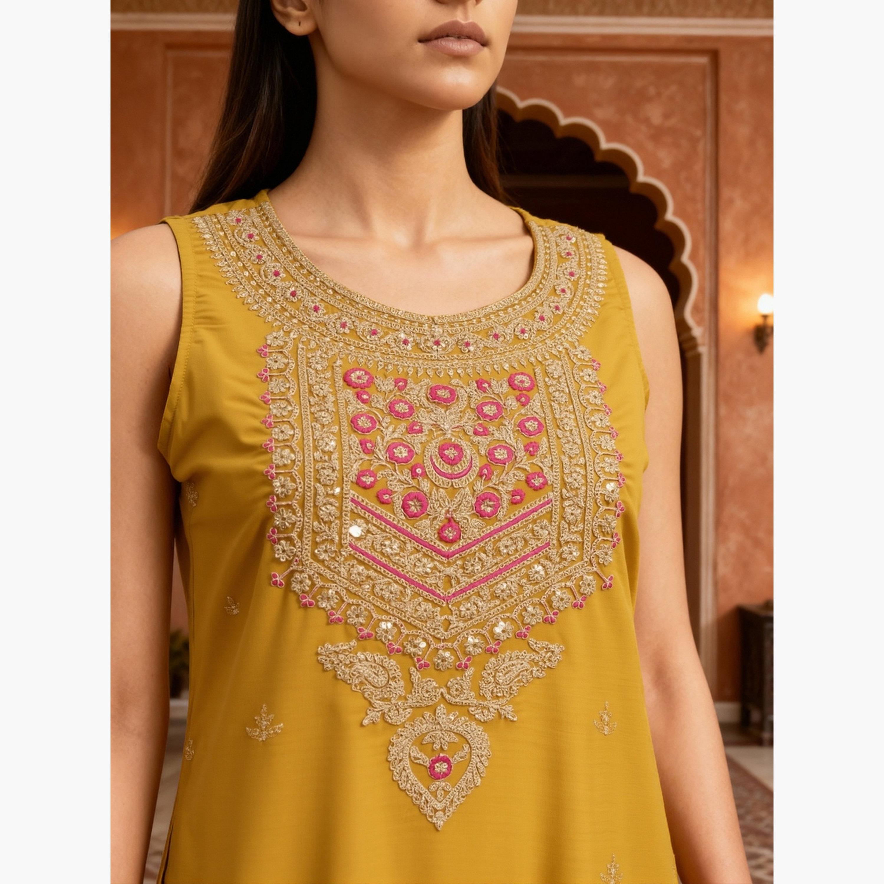 طقم كورتا مطرزة بزخارف زاري وأزهار مع شرار ودوباتا-women-clothing-ethnicwear-kurtasets-image-6