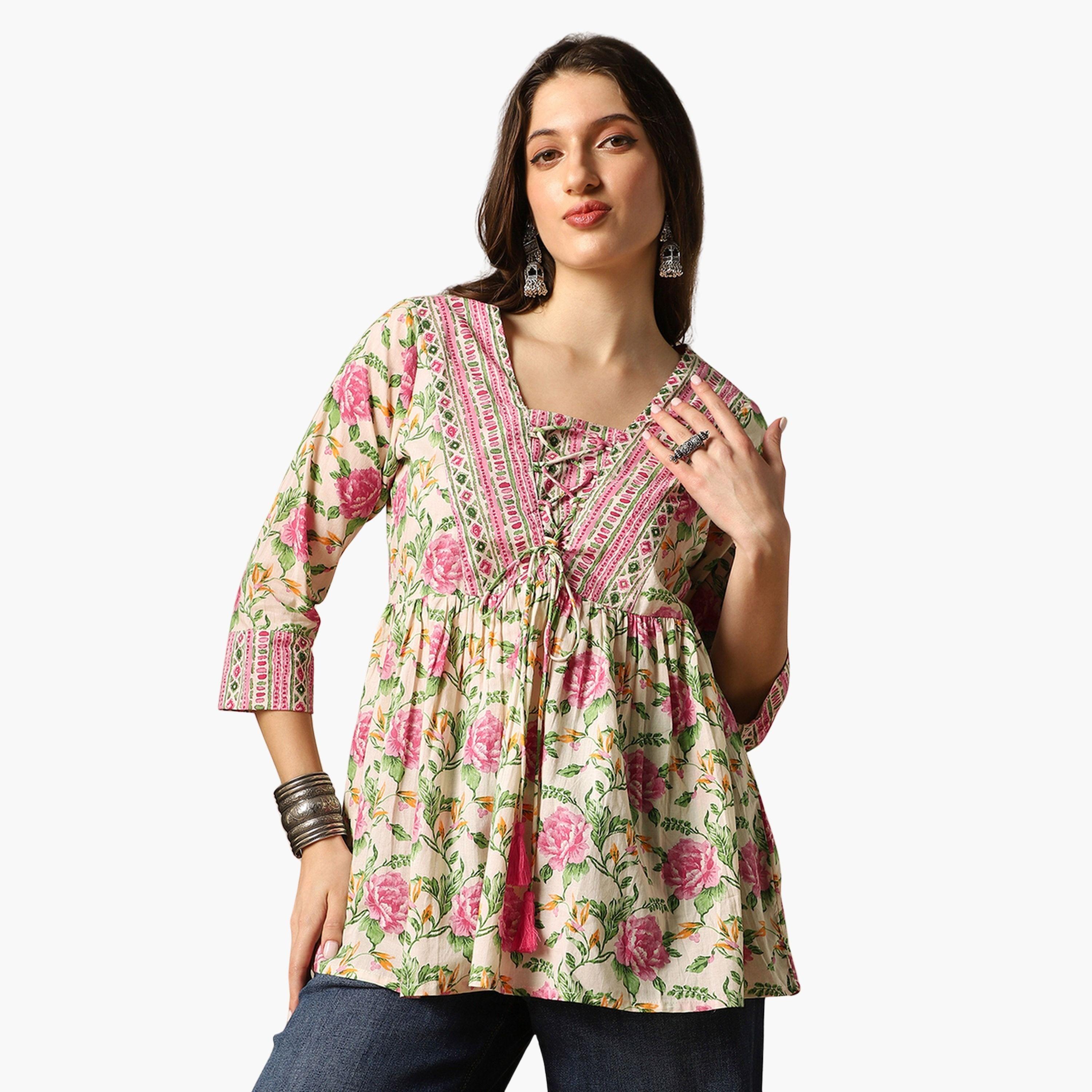 تونيك مطبوع بزهور وتفاصيل شرابات-women-clothing-ethnicwear-kurtas-image-1
