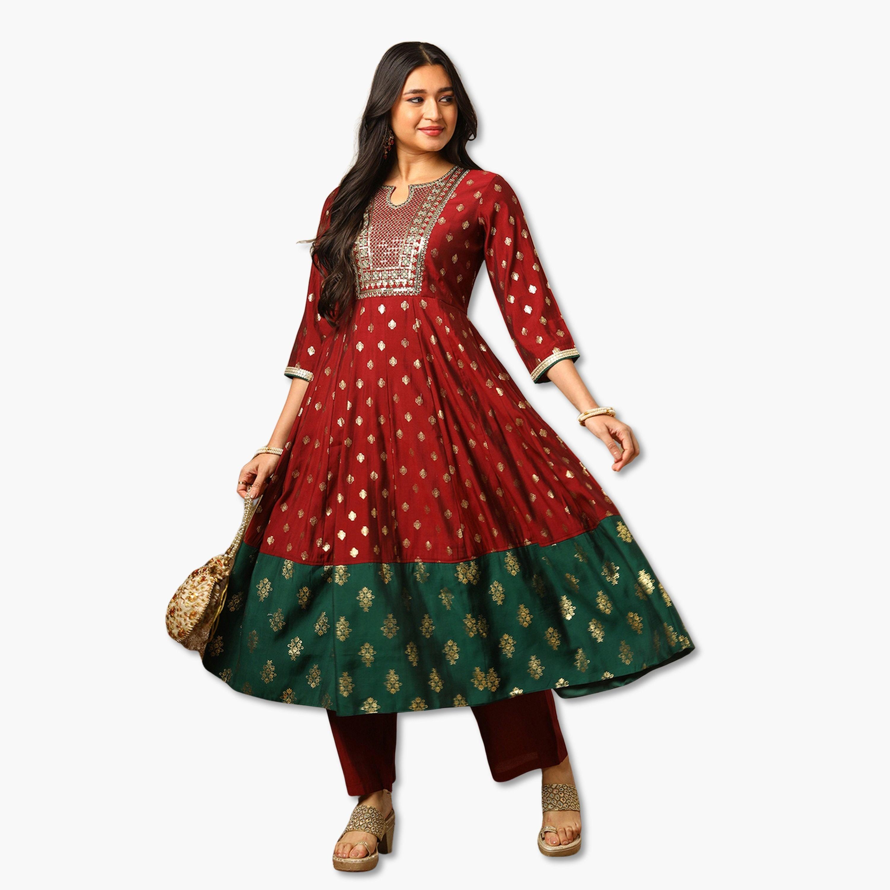 طقم كورتا أناركالي وبنطال بخصر مطاطي بطبعة فويل-women-clothing-ethnicwear-kurtasets-image-1
