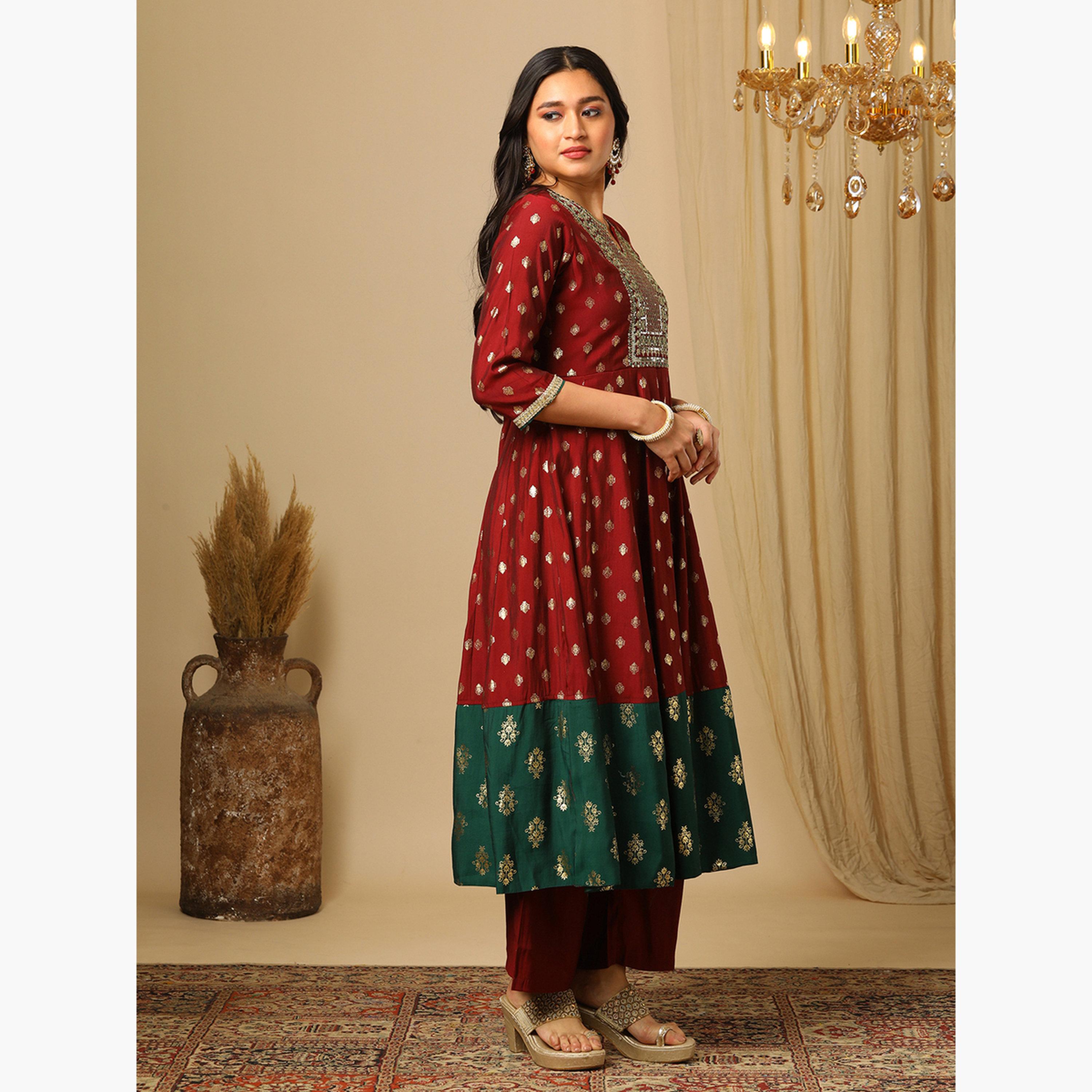 Globus X Styli Women Maroon Gold Foil Print Anarkali Kurta and Elasticated Pants Set-women-clothing-ethnicwear-kurtasets-image-2