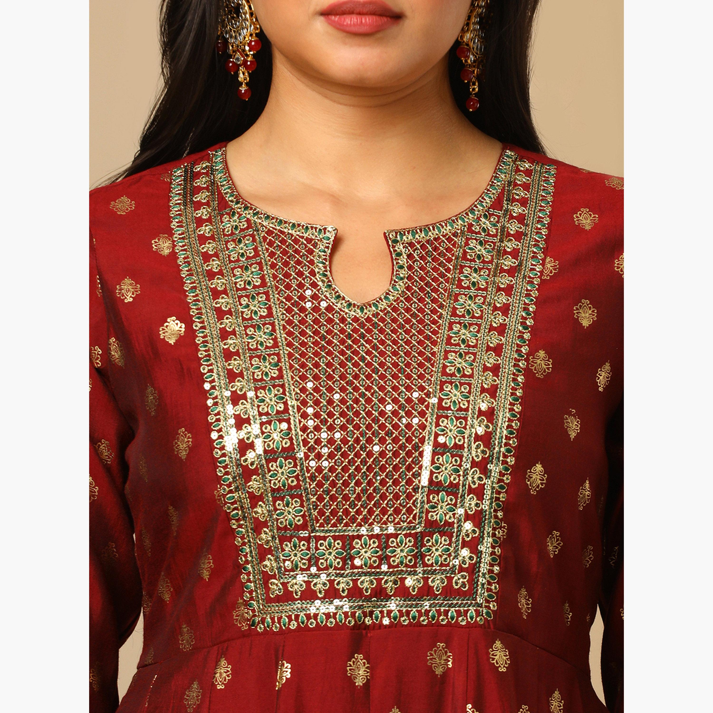 طقم كورتا أناركالي وبنطال بخصر مطاطي بطبعة فويل-women-clothing-ethnicwear-kurtasets-image-6