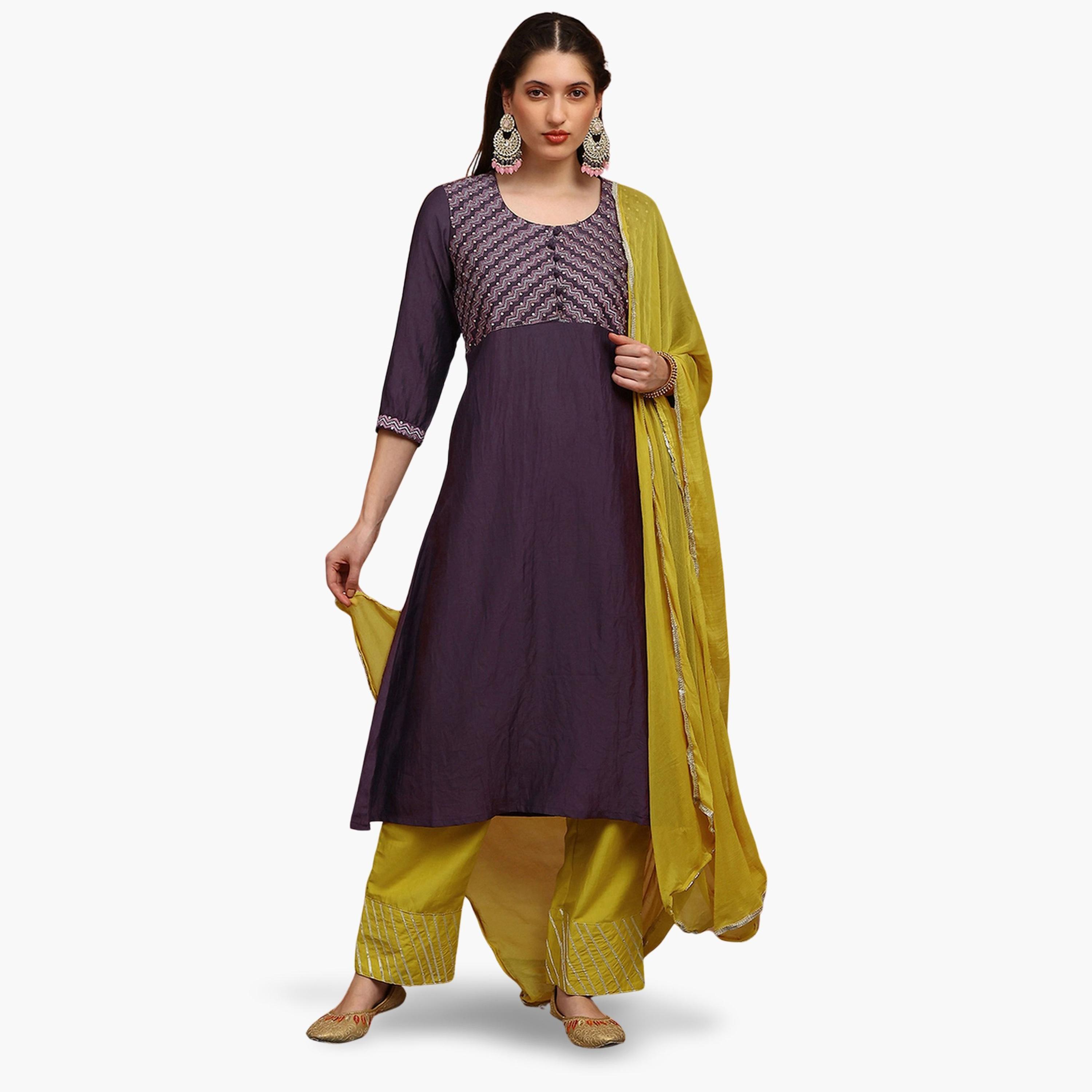 Globus X Styli Women Purple Embroidered Yoke Kurta with Gotta Lace Wide Leg Pants and Dupatta Set-women-clothing-ethnicwear-kurtasets-image-1