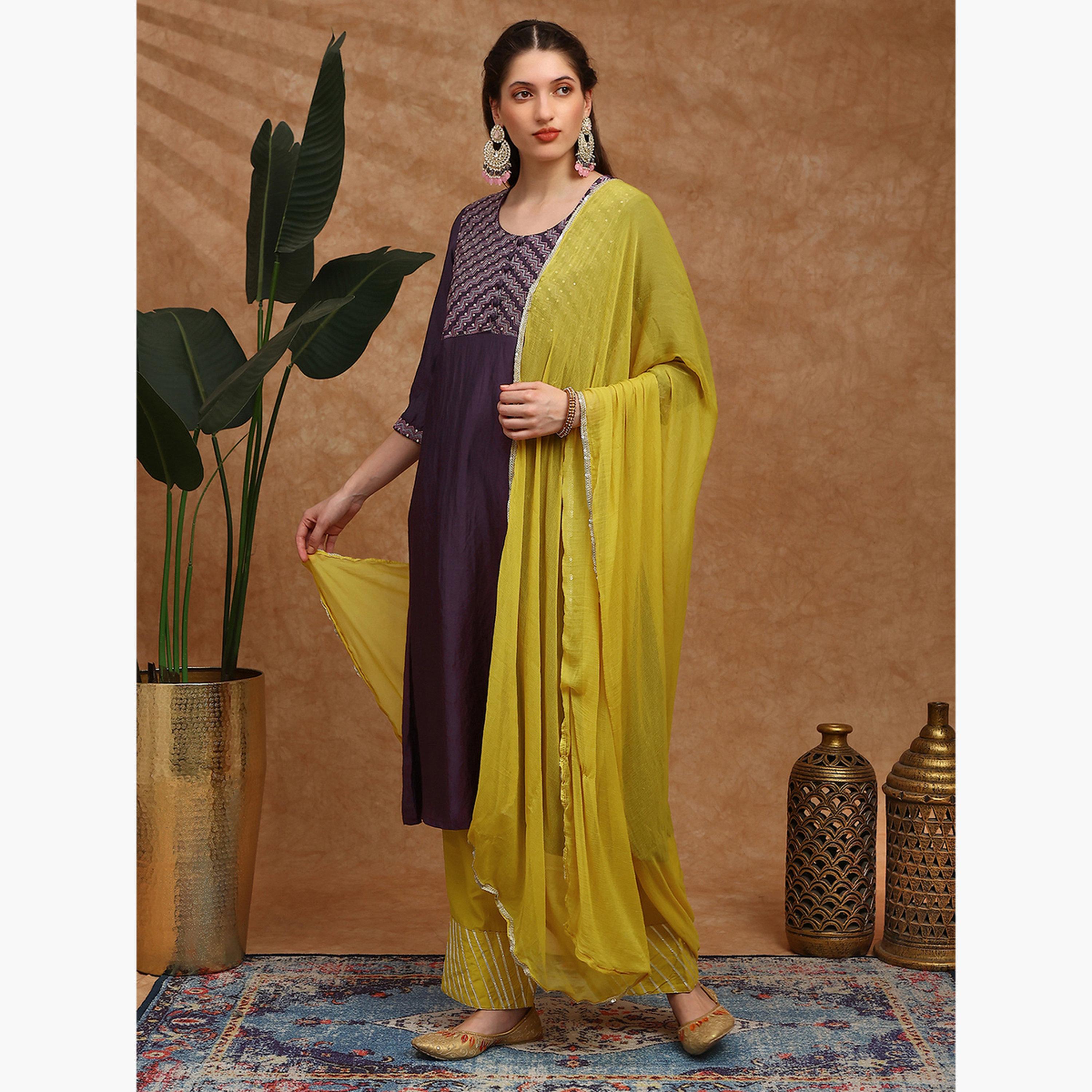 طقم كورتا مطرزة مع بنطال بأرجل واسعة ودوباتا للنساء-women-clothing-ethnicwear-kurtasets-image-2