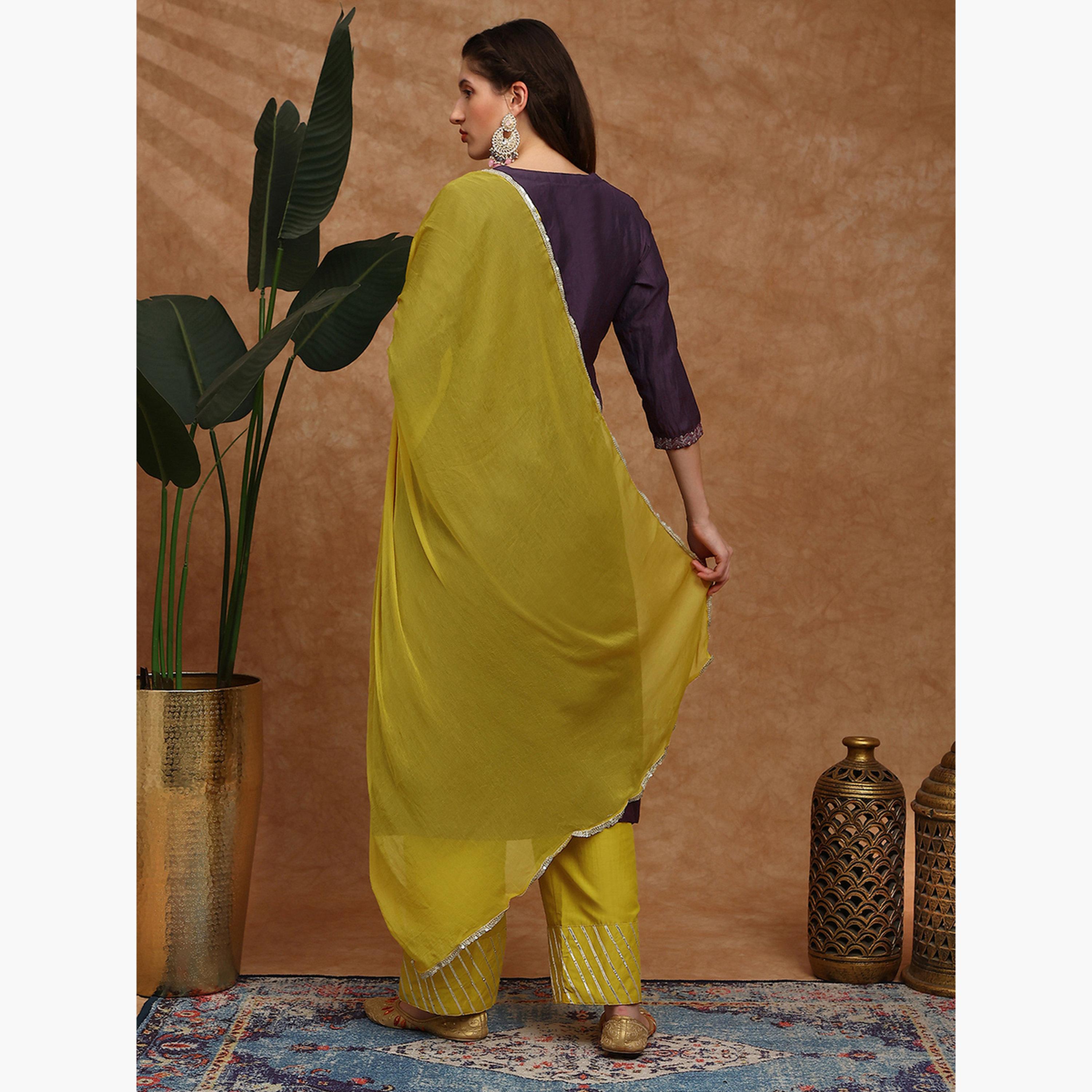 طقم كورتا مطرزة مع بنطال بأرجل واسعة ودوباتا للنساء-women-clothing-ethnicwear-kurtasets-image-3