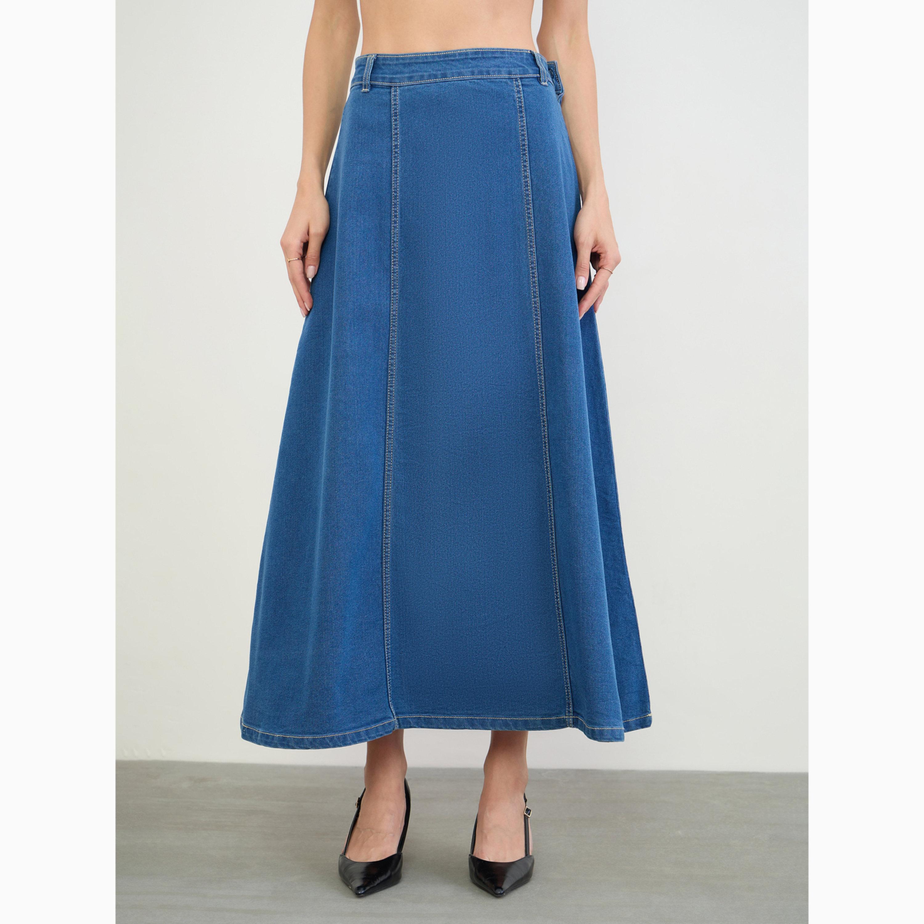 Styli Blue A-Line Denim Maxi Skirt-women-clothing-bottoms-skirts-image-1