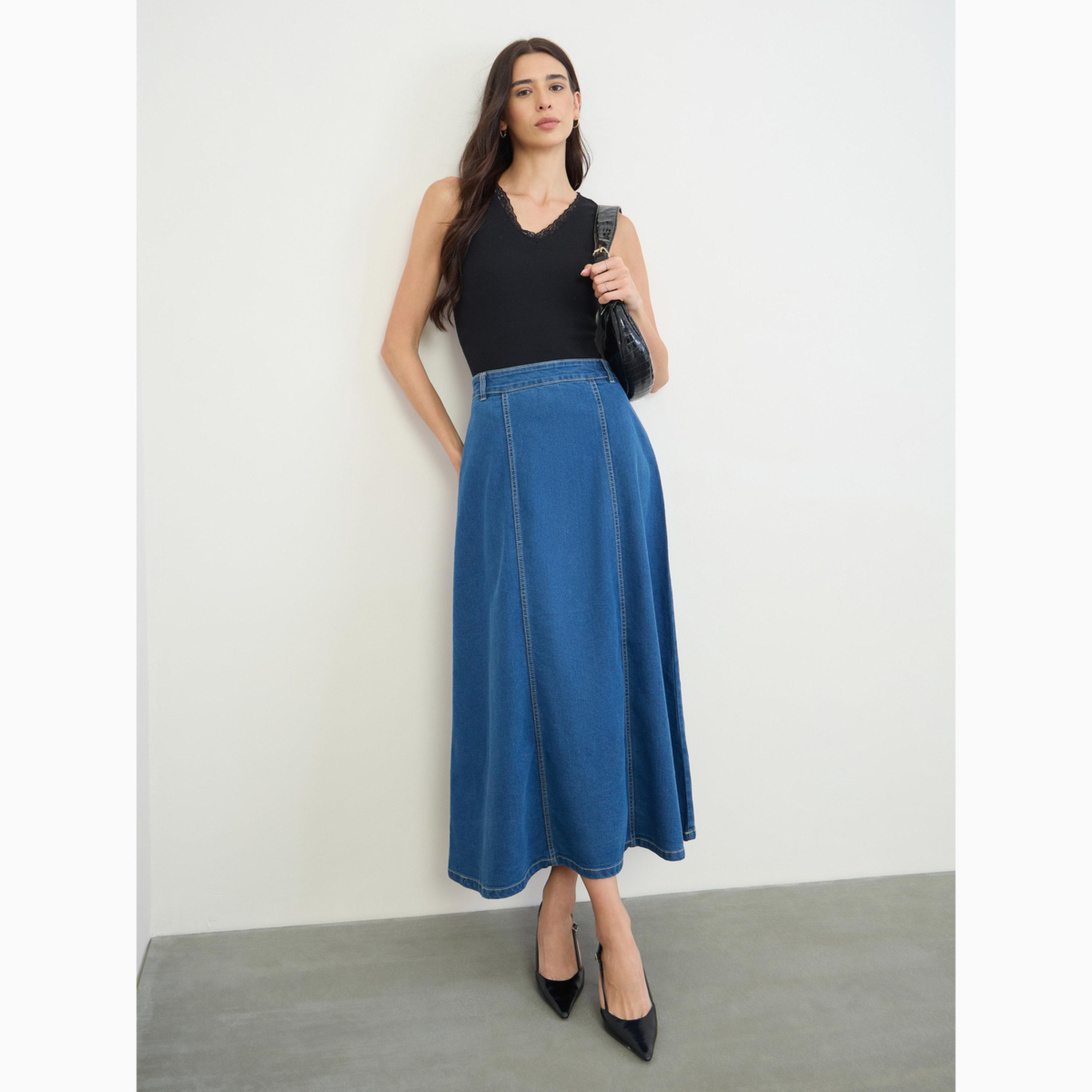 Styli Blue A-Line Denim Maxi Skirt-women-clothing-bottoms-skirts-image-2