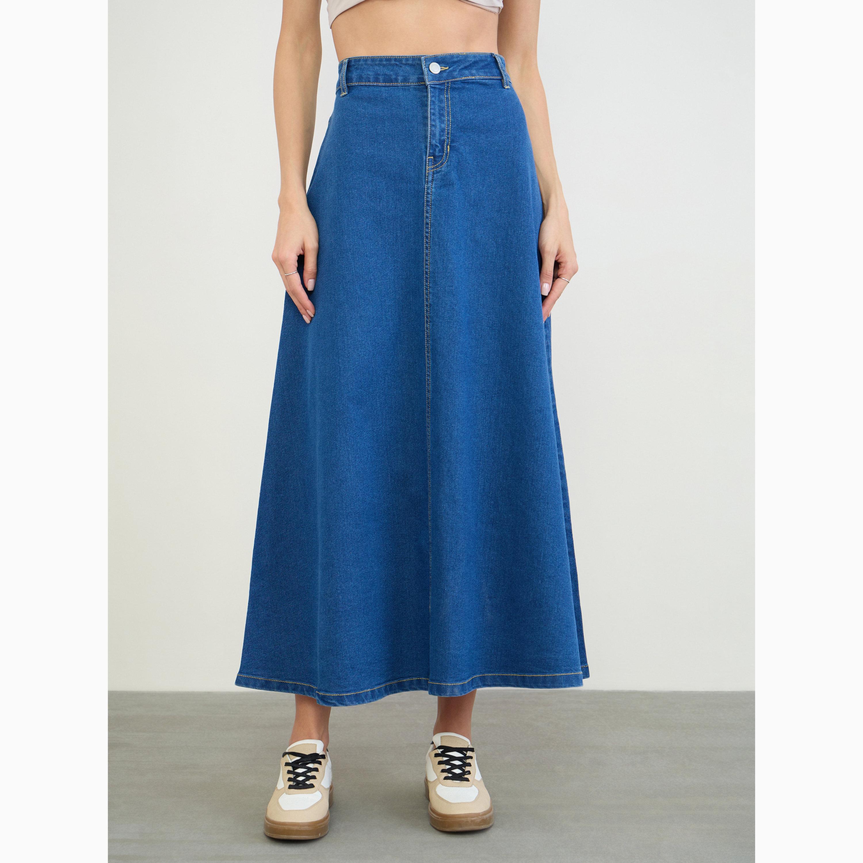 Styli Blue Denim A-Line Maxi Skirt-women-clothing-bottoms-skirts-image-1