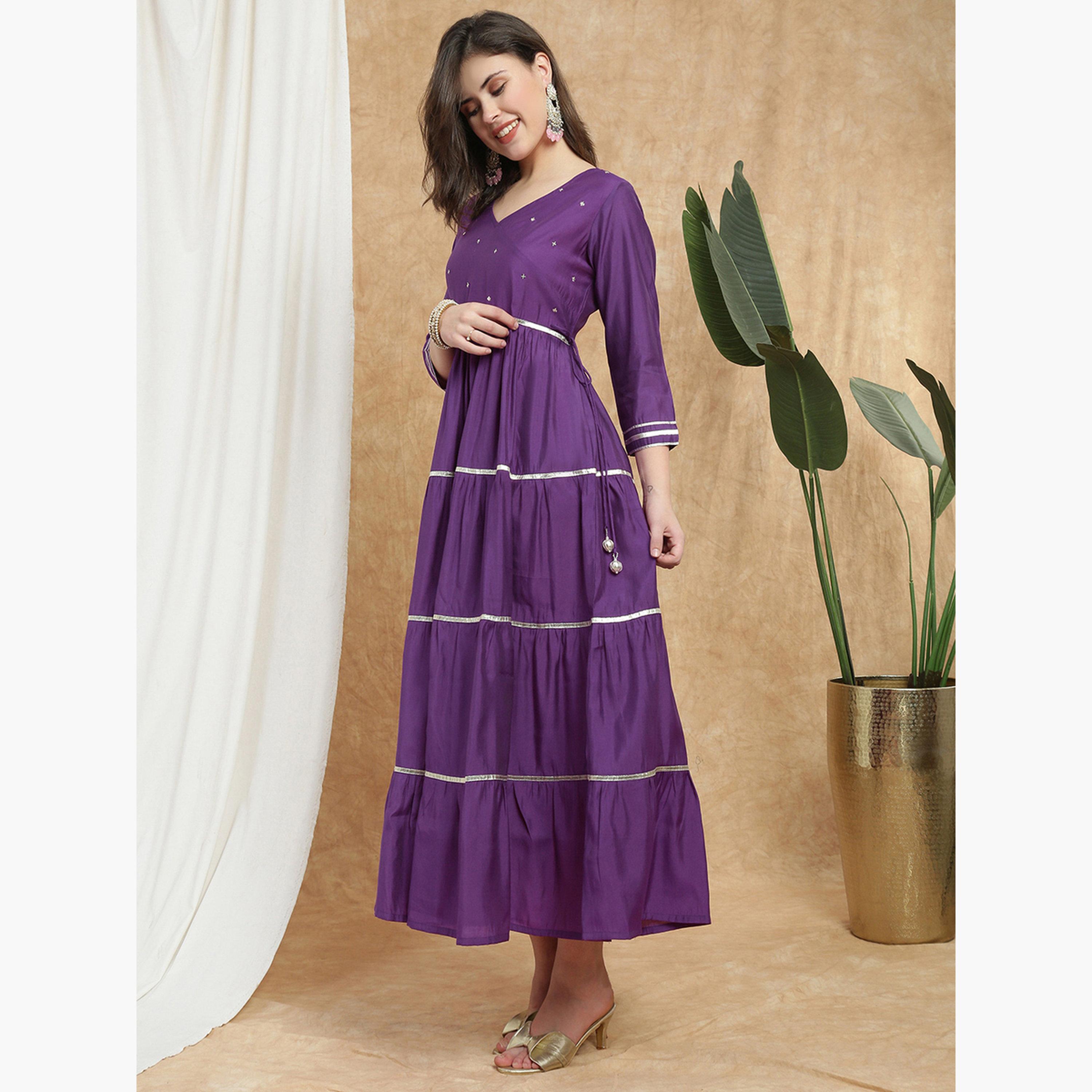 Globus X Styli Women Purple Sequin Embellished Tiered Maxi Dress-women-clothing-ethnicwear-dresses-image-2