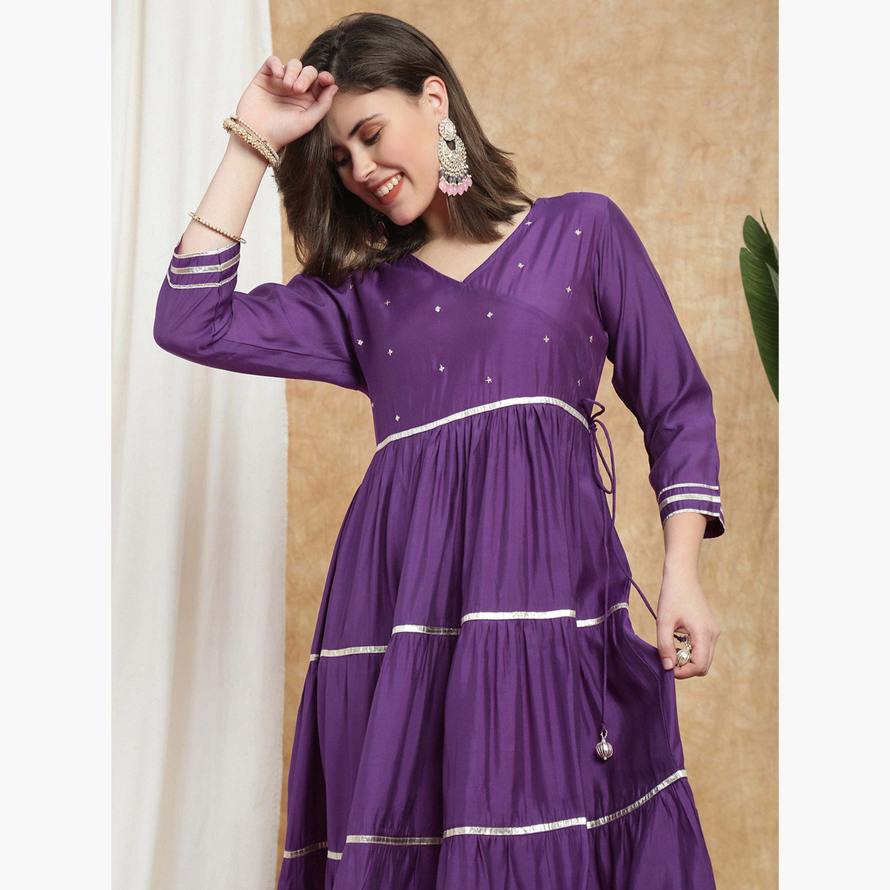 Globus X Styli Women Purple Sequin Embellished Tiered Maxi Dress-women-clothing-ethnicwear-dresses-image-4