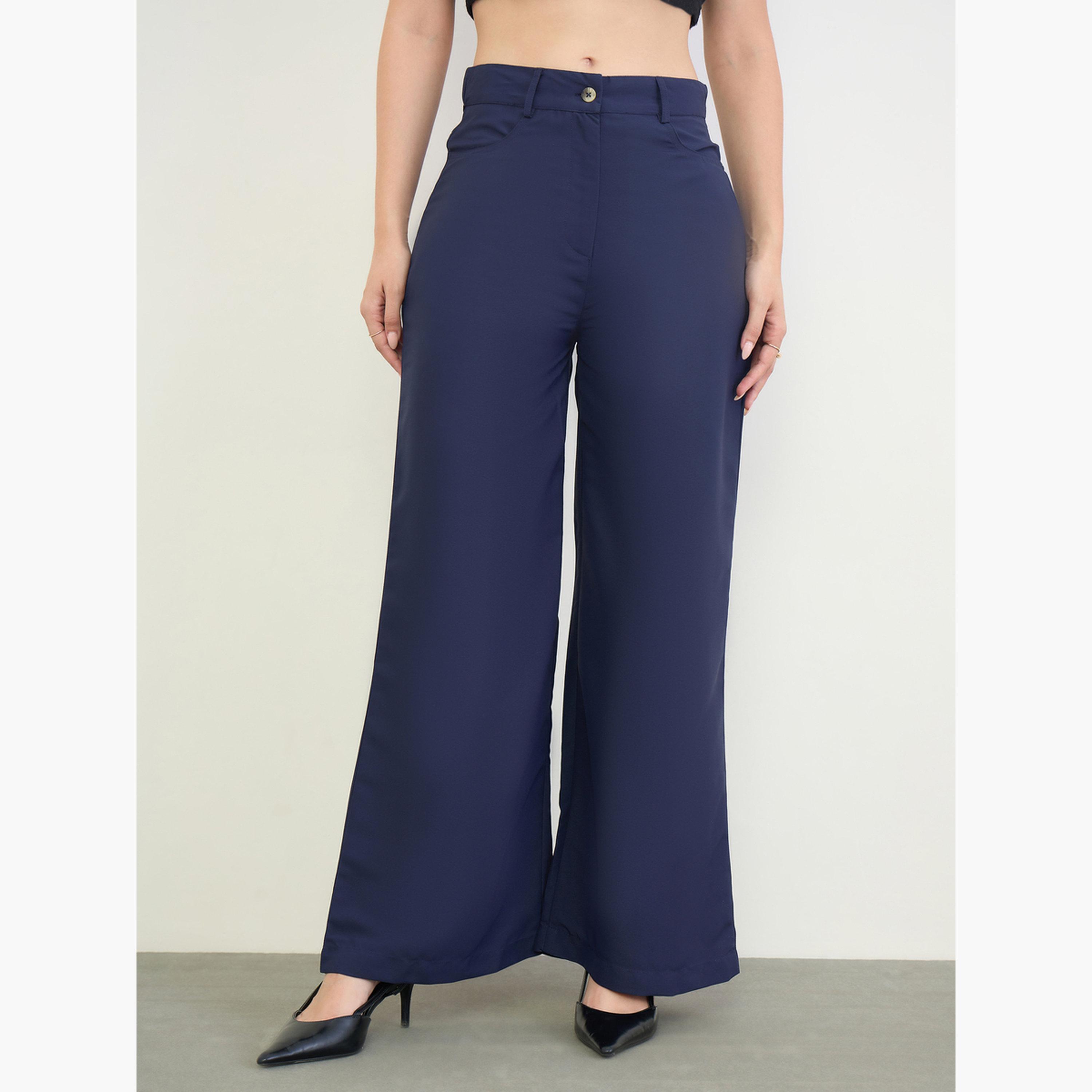 Styli Navy Blue High Rise Wide Leg Pants-women-clothing-trousers-image-1