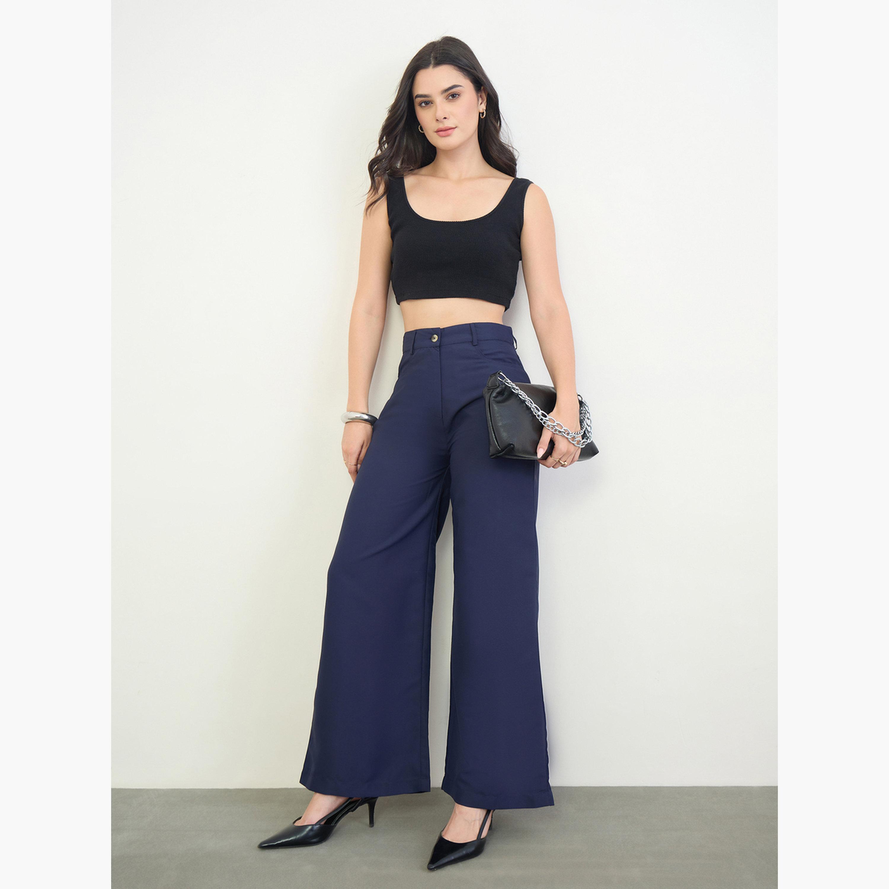 Styli Navy Blue High Rise Wide Leg Pants-women-clothing-trousers-image-2