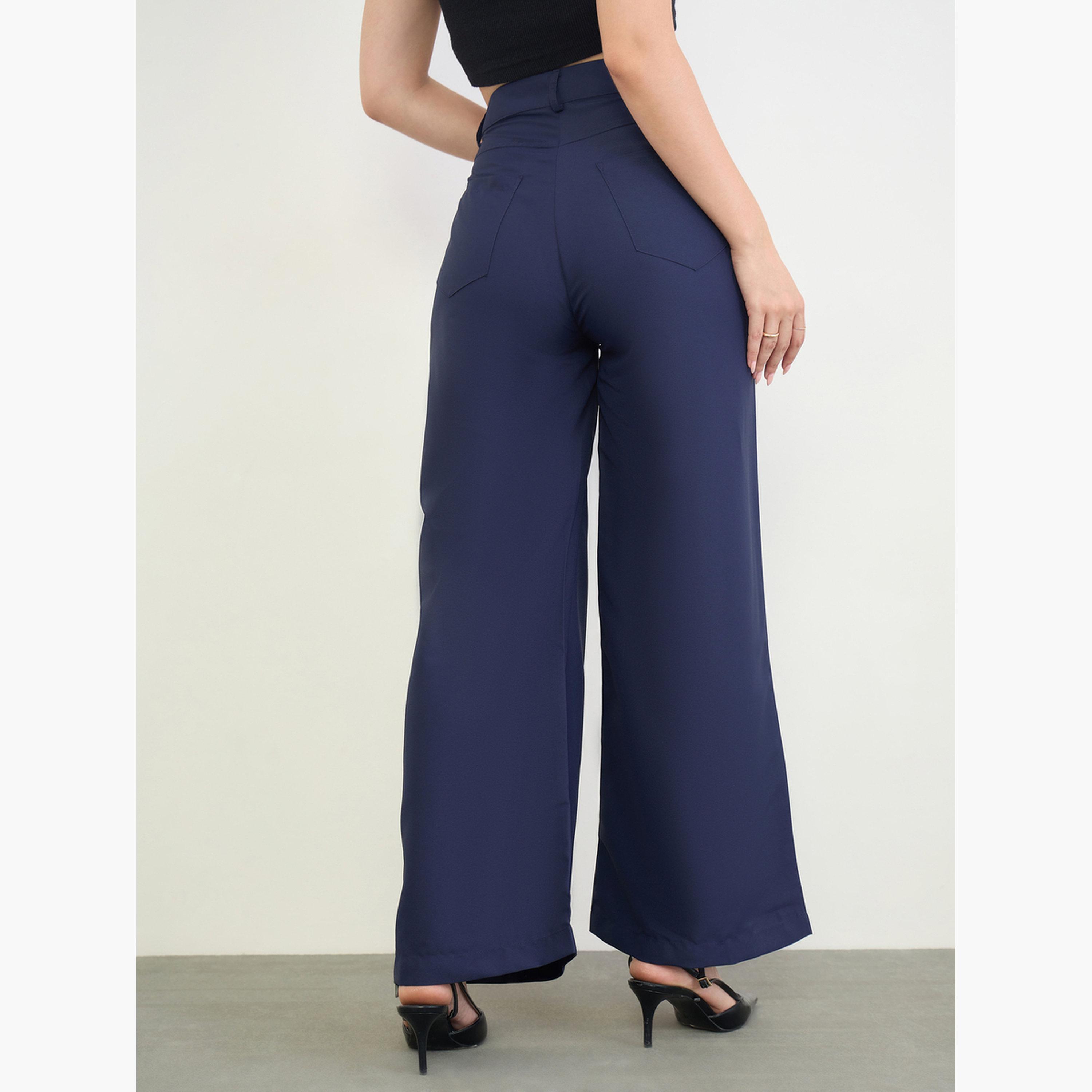 Styli Navy Blue High Rise Wide Leg Pants-women-clothing-trousers-image-4