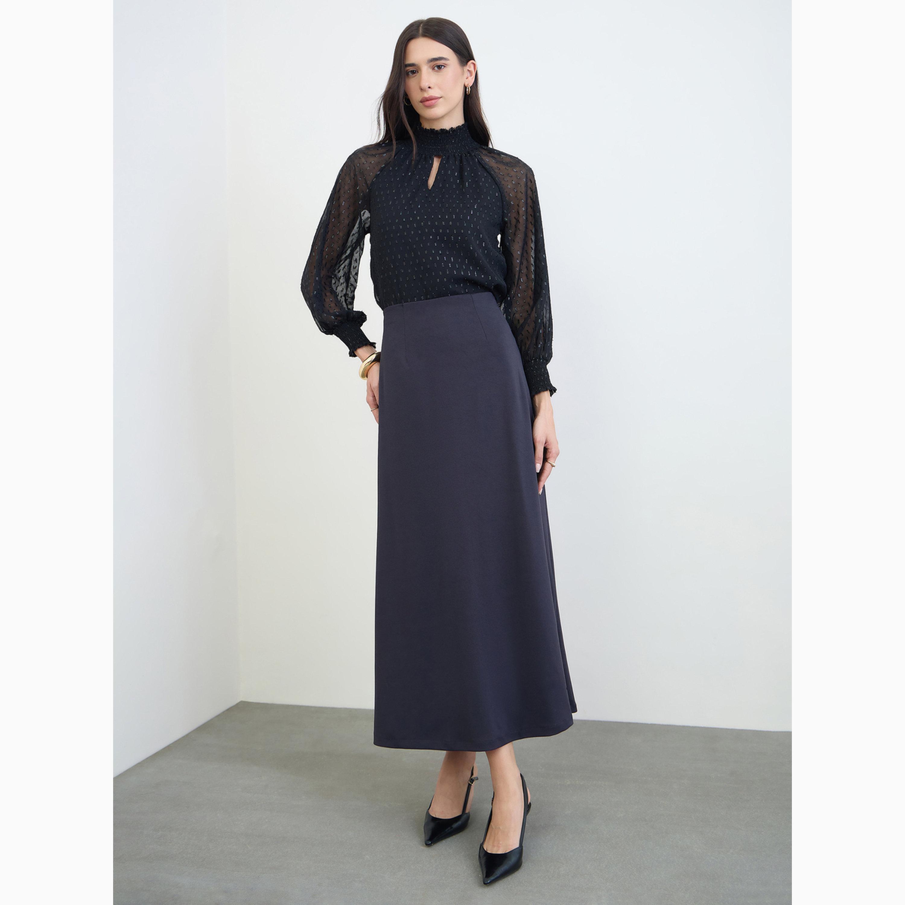 Styli Black A-Line Maxi Skirt with Back Slit-women-clothing-bottoms-skirts-image-2