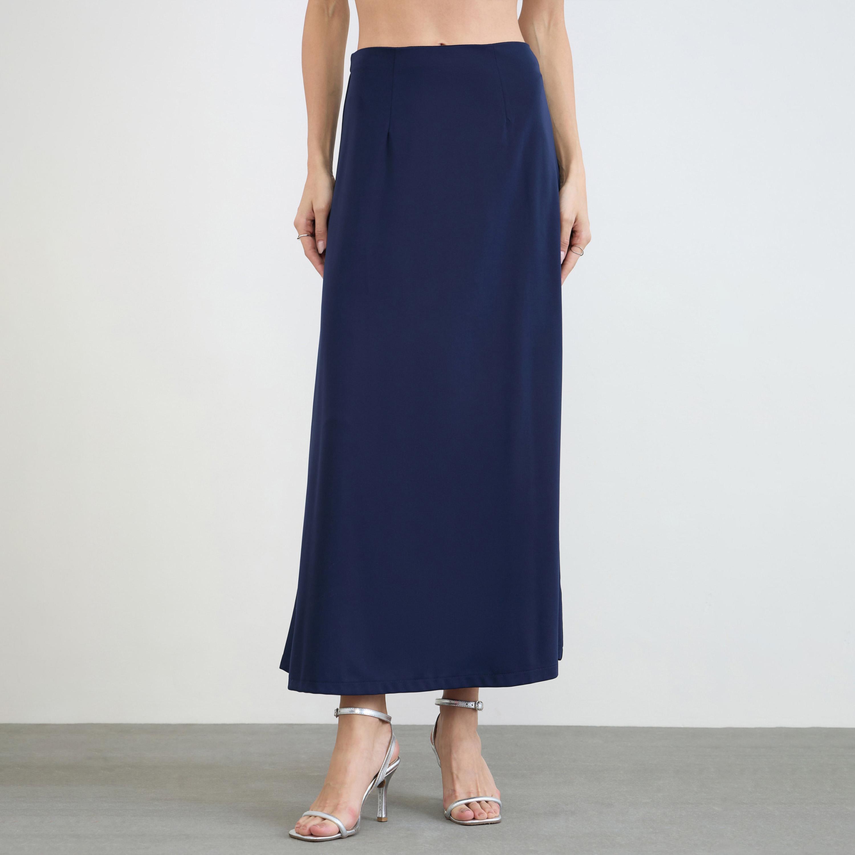Styli Navy Blue A-Line Maxi Skirt with Back Slit-women-clothing-bottoms-skirts-image-1
