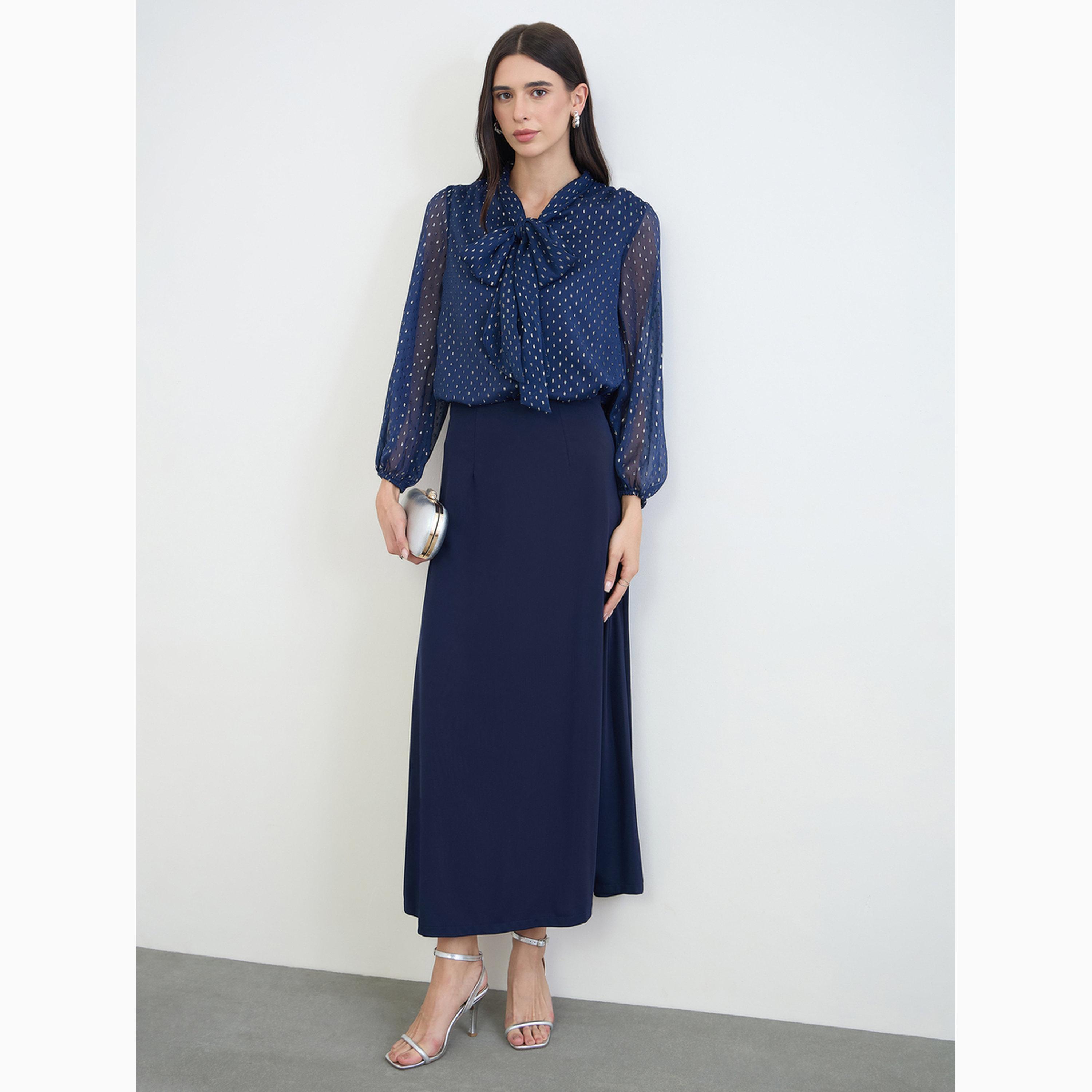 Styli Navy Blue A-Line Maxi Skirt with Back Slit-women-clothing-bottoms-skirts-image-2