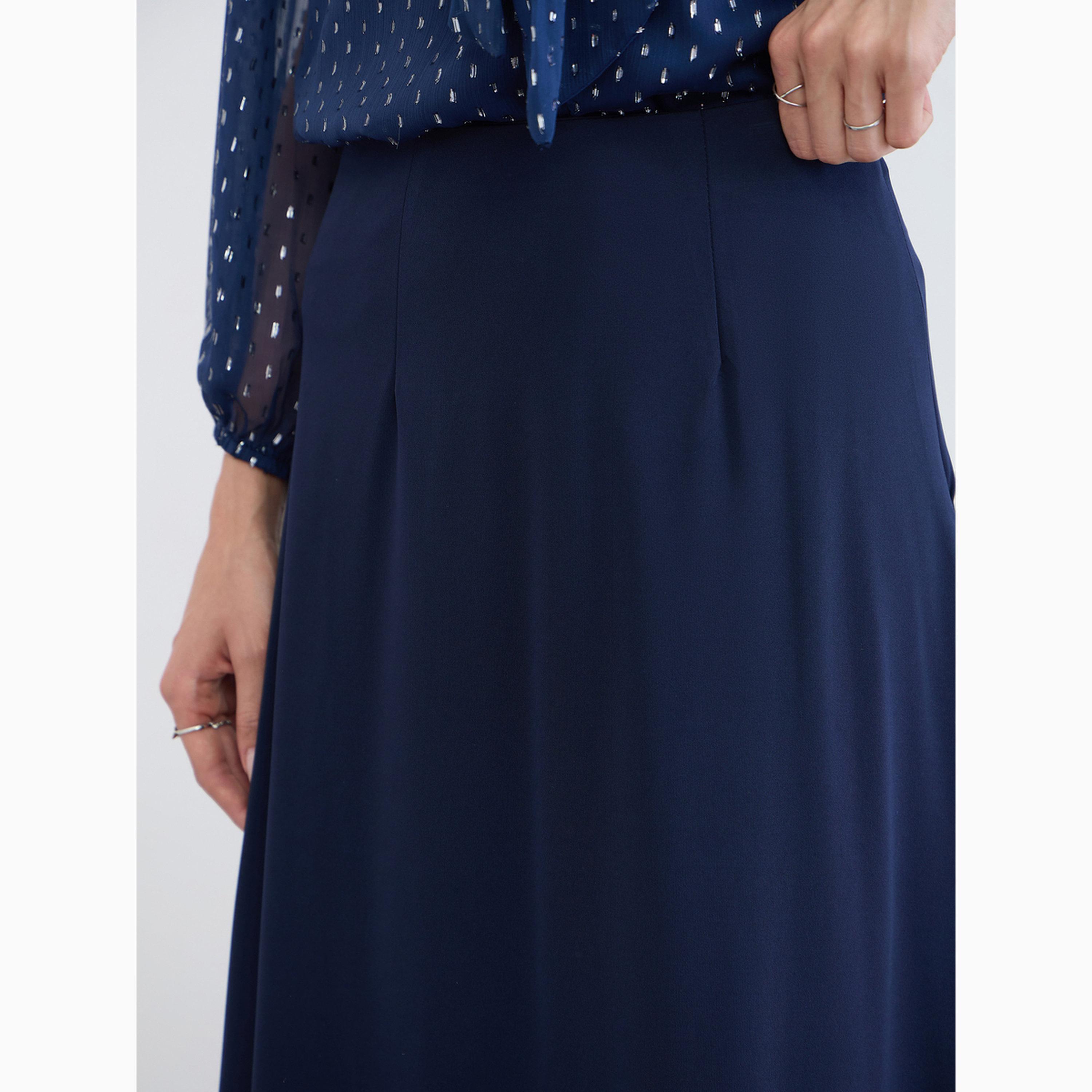 Styli Navy Blue A-Line Maxi Skirt with Back Slit-women-clothing-bottoms-skirts-image-3