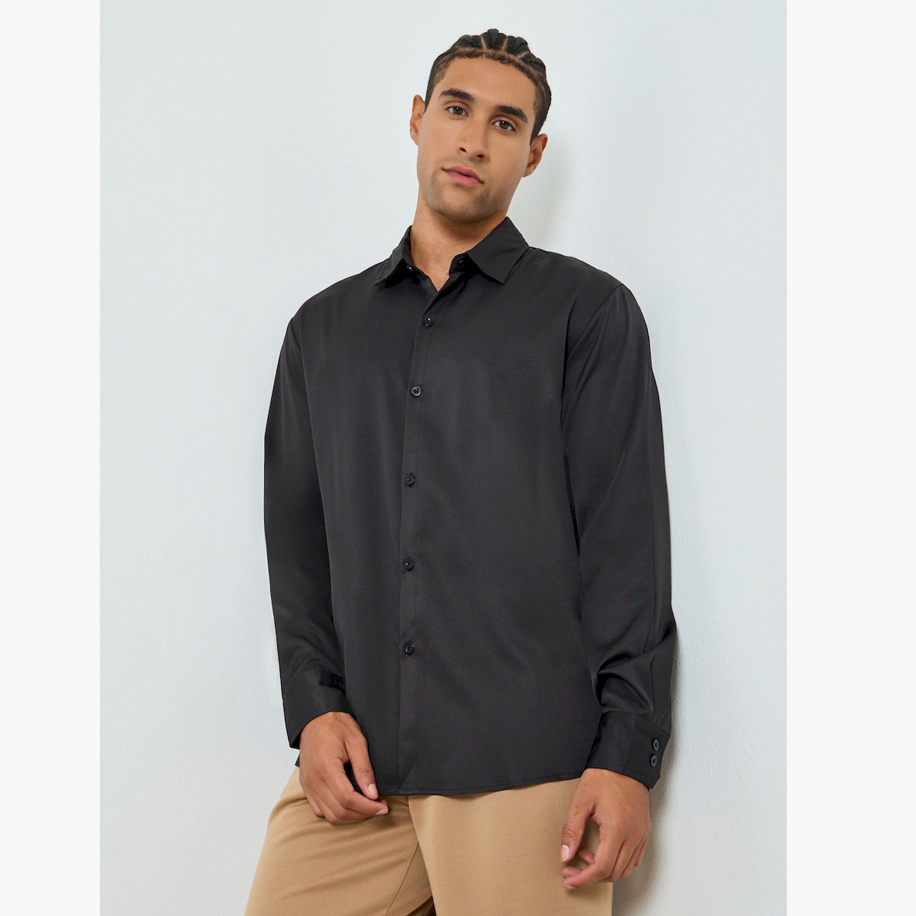 قميص رجالي أسود بياقة سبريد وأكمام طويلة-men-clothing-shirts-image-1
