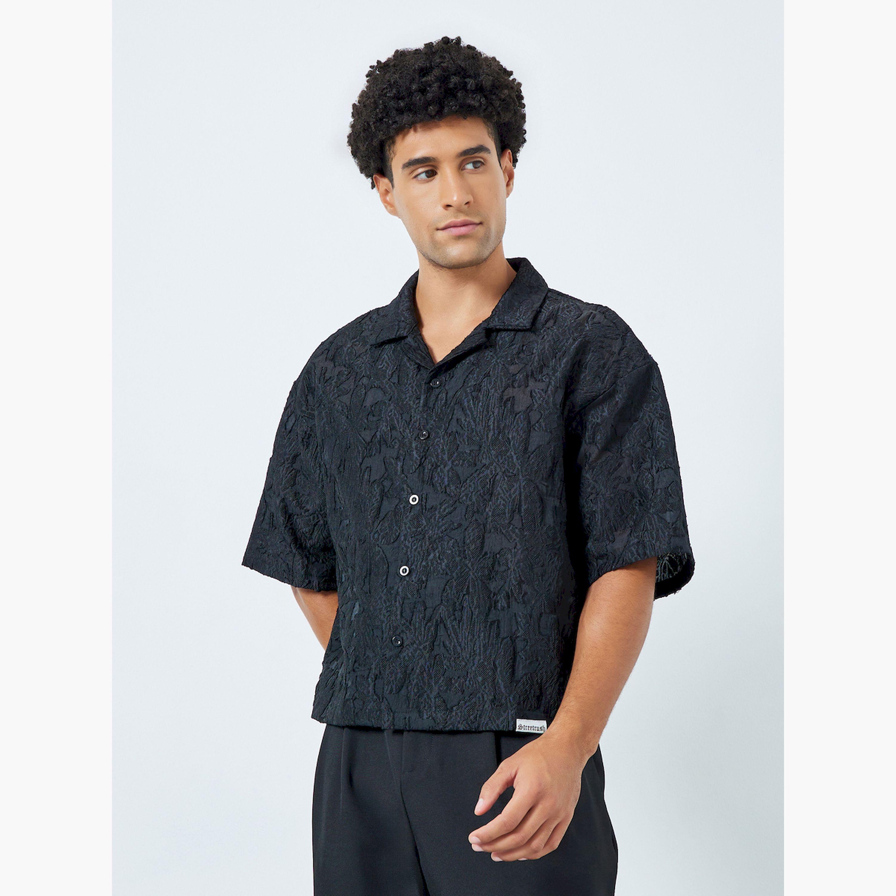 قميص رجالي أسود منسوج بأكمام قصيرة-men-clothing-shirts-image-1
