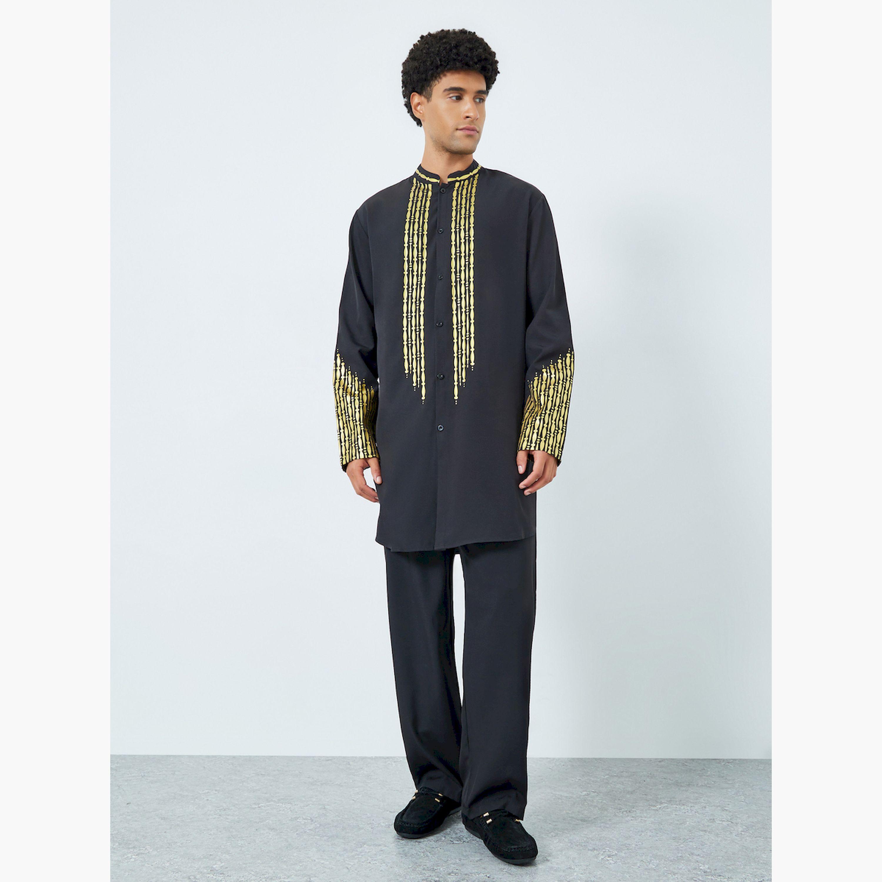 مجموعة من بنطال وثوب بطبعة فويل وياقة قائمة-men-clothing-coordsets-image-1