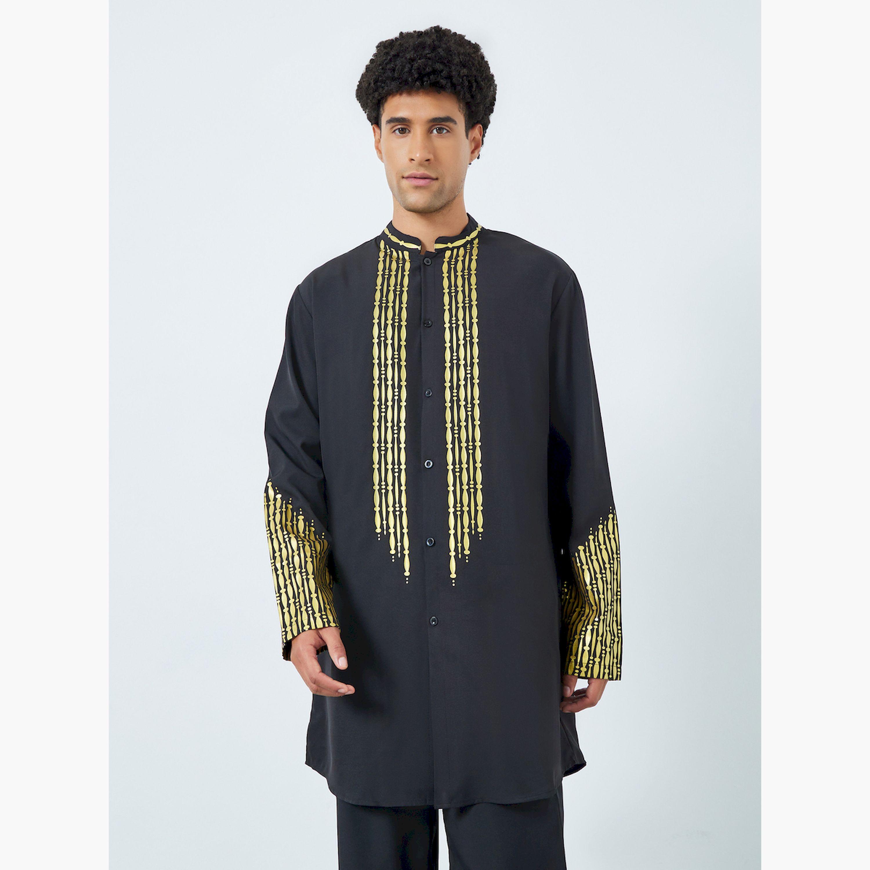 Take Two X Styli Men Stand Collar Foil Print Thobe and Trousers Set-men-clothing-coordsets-image-2