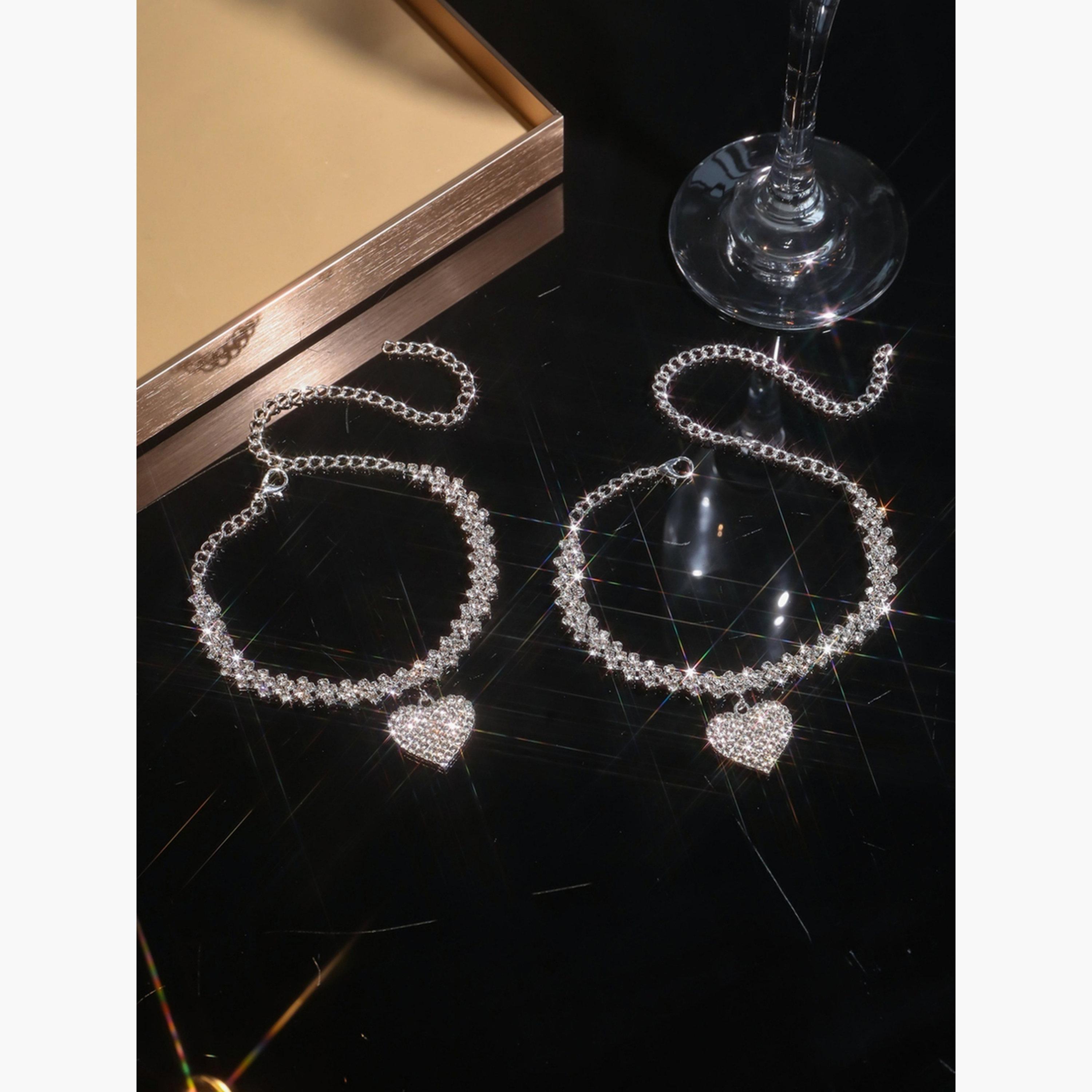 Take Two Women Silver Heart Rhinestone Anklet and Bracelet Set-women-watchesandjewellery-jewellery-jewellerysets-image-2
