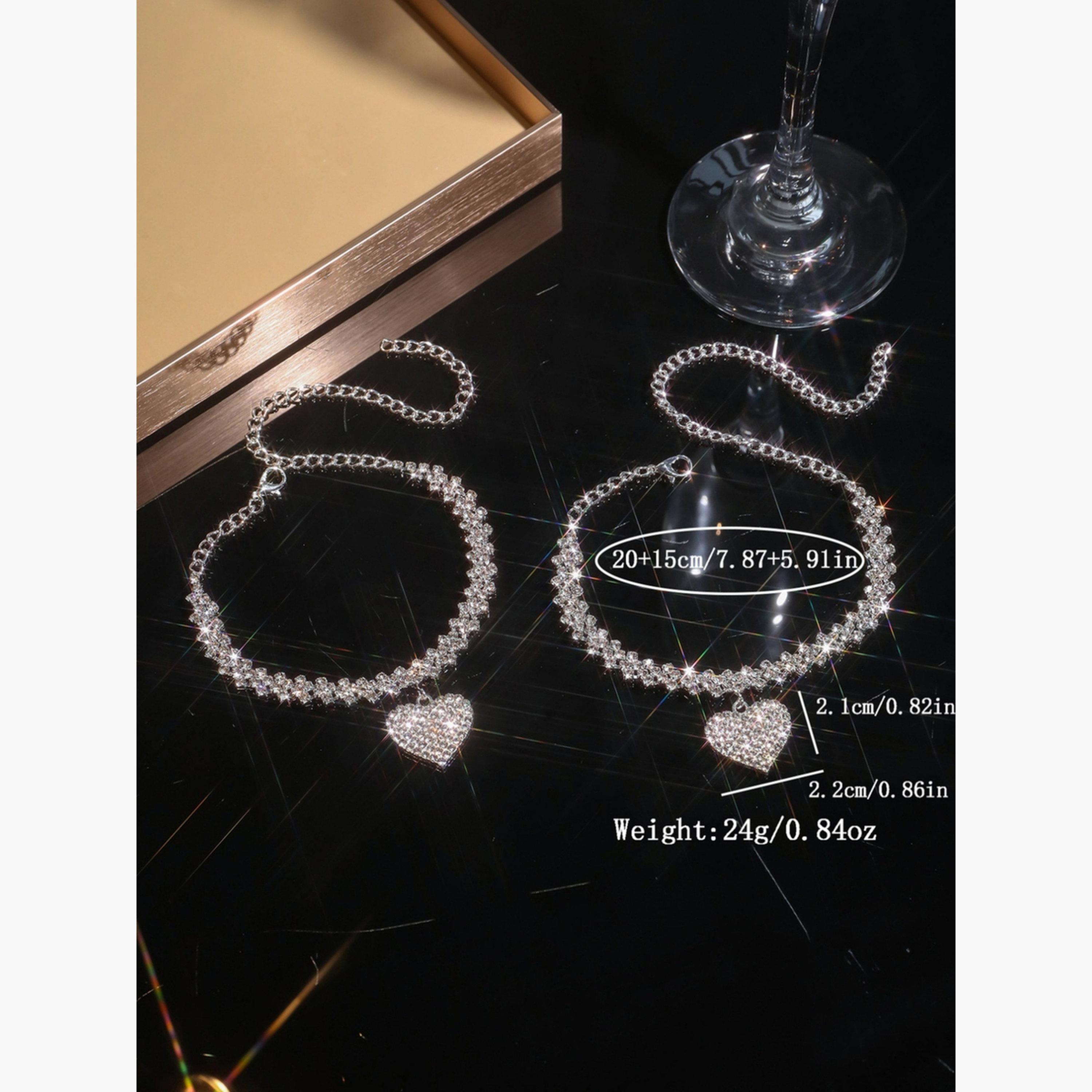 Take Two Women Silver Heart Rhinestone Anklet and Bracelet Set-women-watchesandjewellery-jewellery-jewellerysets-image-4