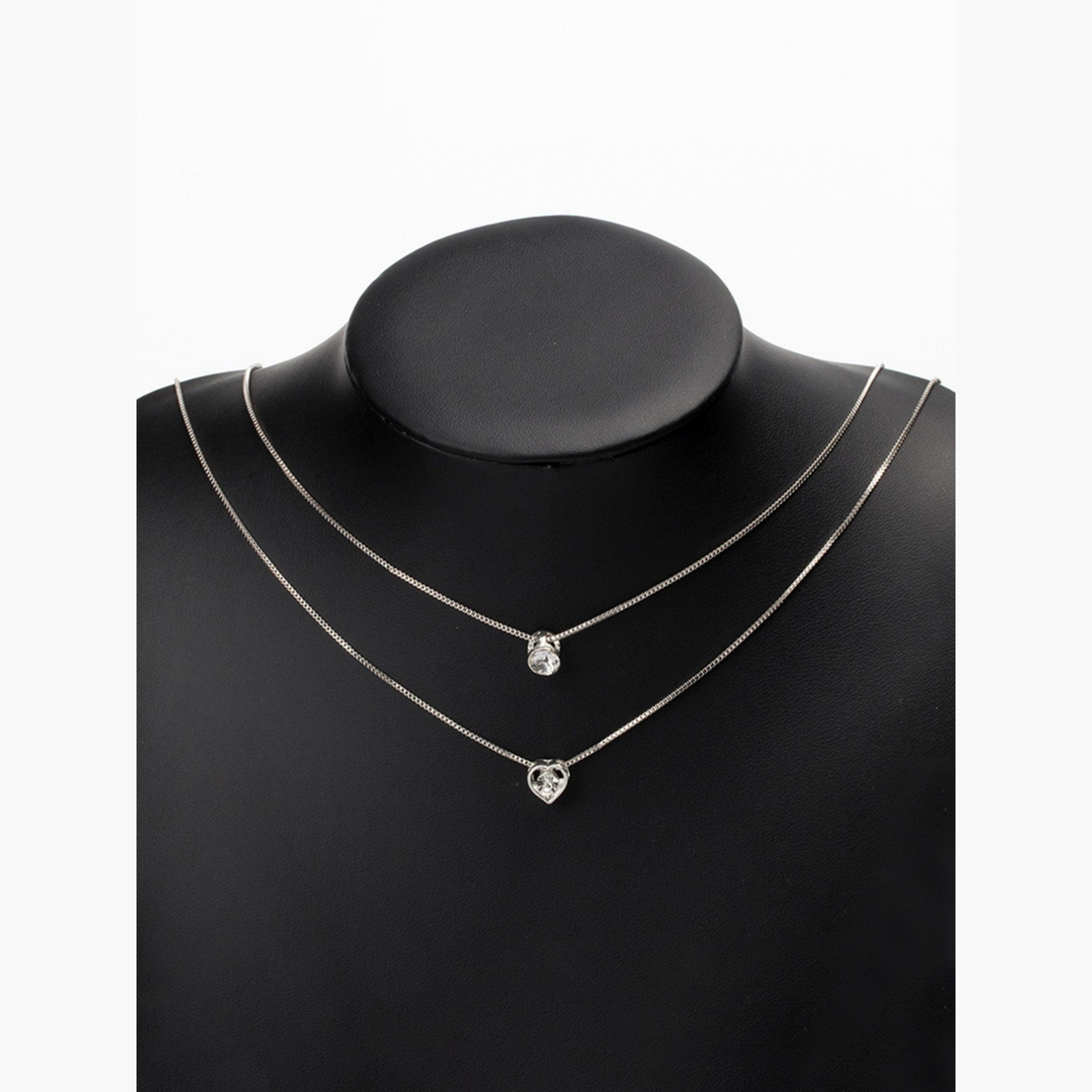 Take Two Women Silver Double Chain Necklace with Heart and Crystal Pendants-women-watchesandjewellery-jewellery-necklacesandpendants-image-2