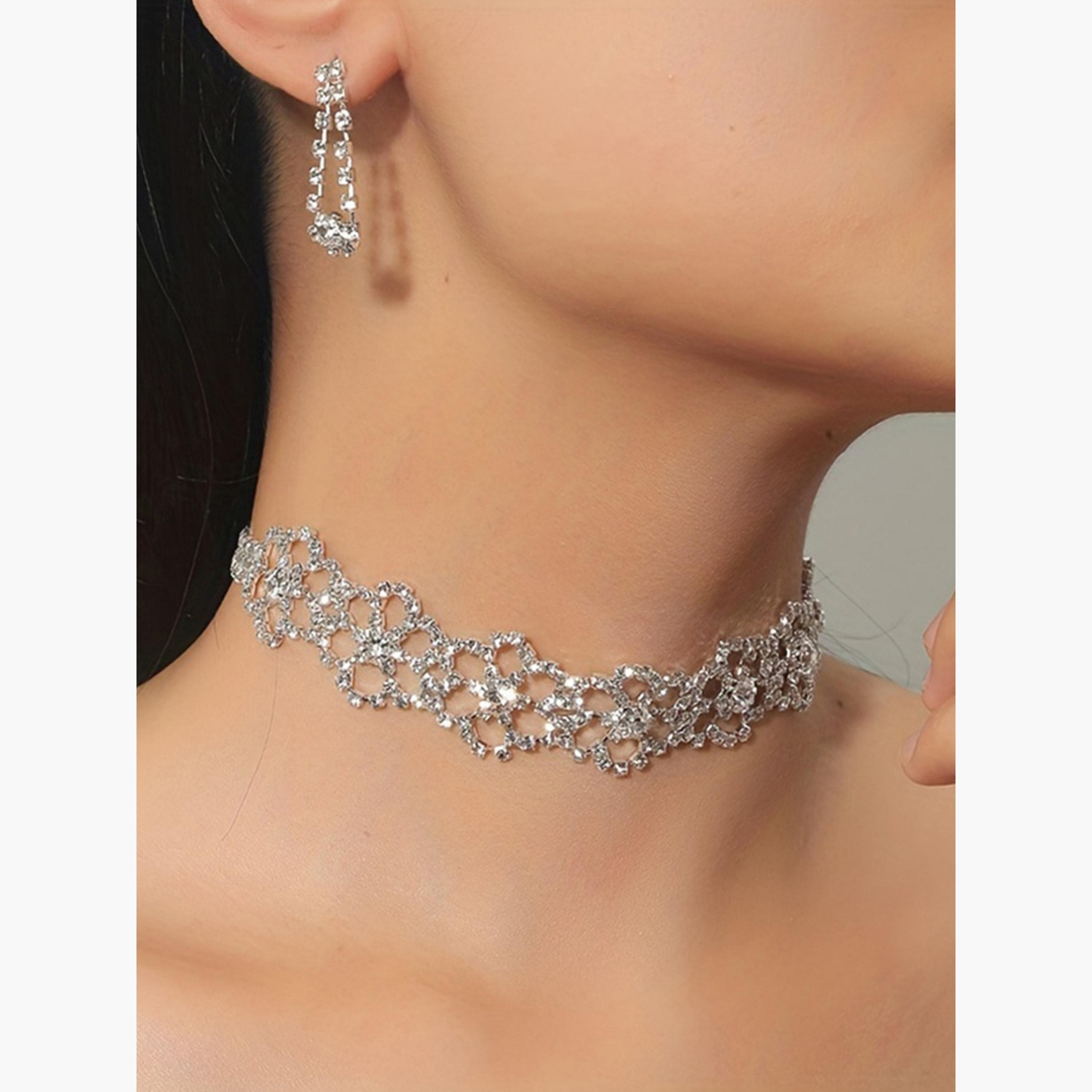 طقم من عقد تشوكر كريستال وأقراط بتصميم زهور-women-watchesandjewellery-jewellery-jewellerysets-image-6